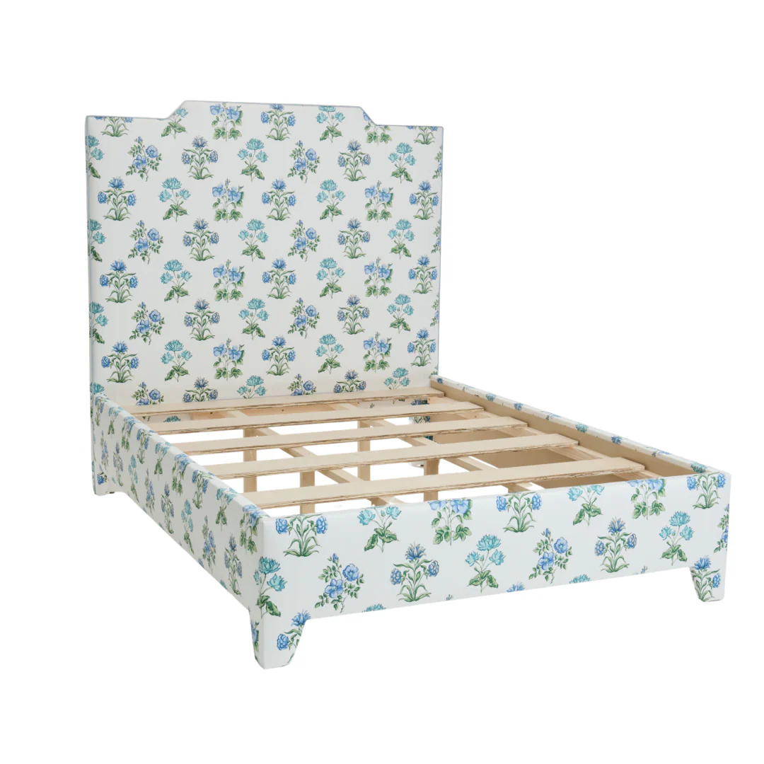 65âH Queen Upholstered Platform Bed - Fabricut Floral Fabric - Sky Blue Trim