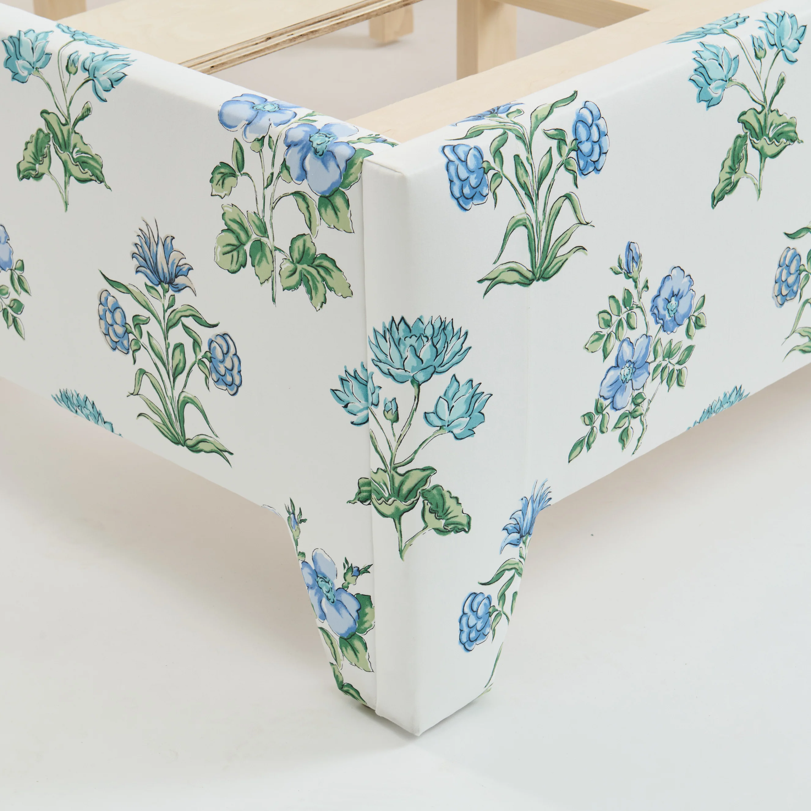 65âH Queen Upholstered Platform Bed - Fabricut Floral Fabric - Sky Blue Trim - Image 2