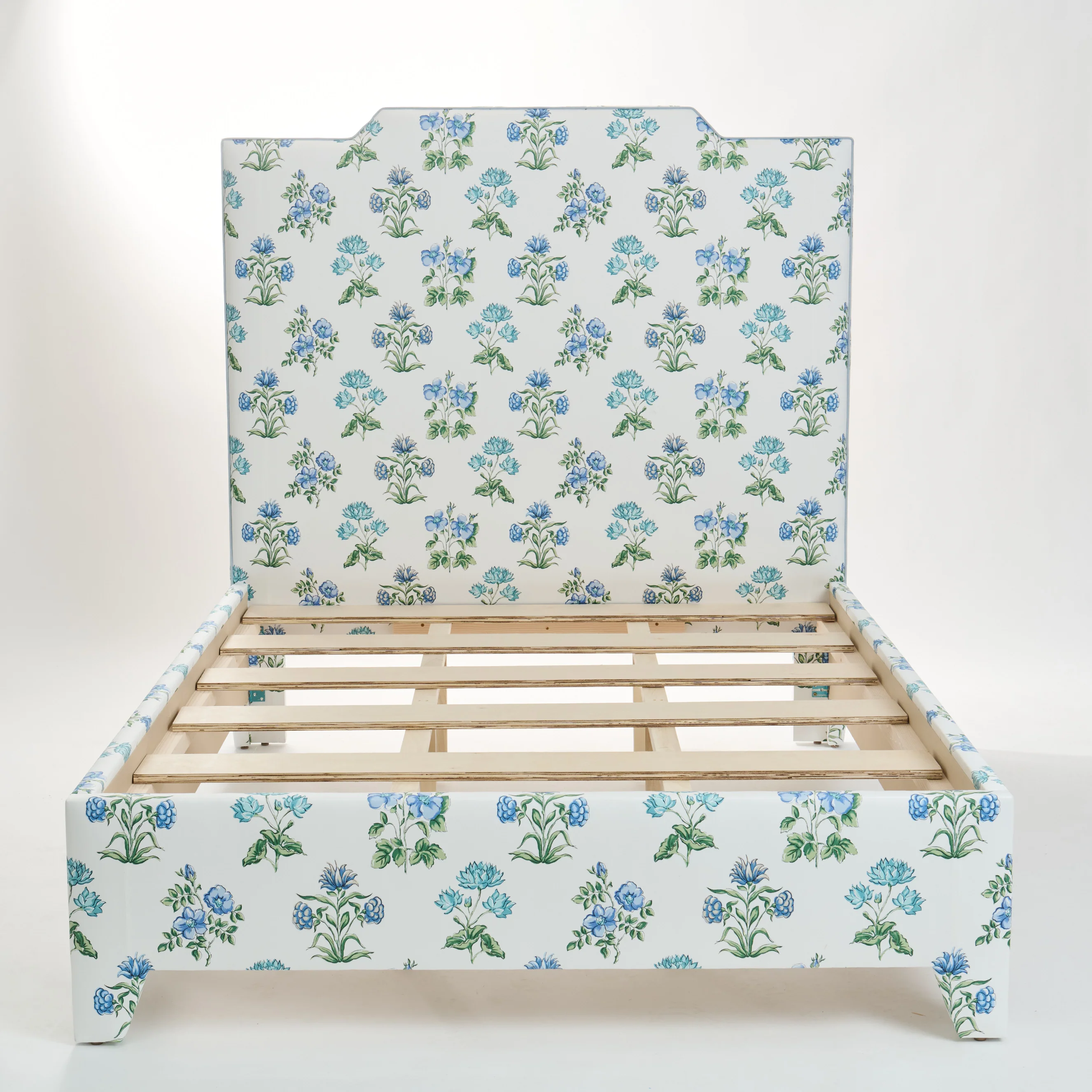 65âH Queen Upholstered Platform Bed - Fabricut Floral Fabric - Sky Blue Trim - Image 4