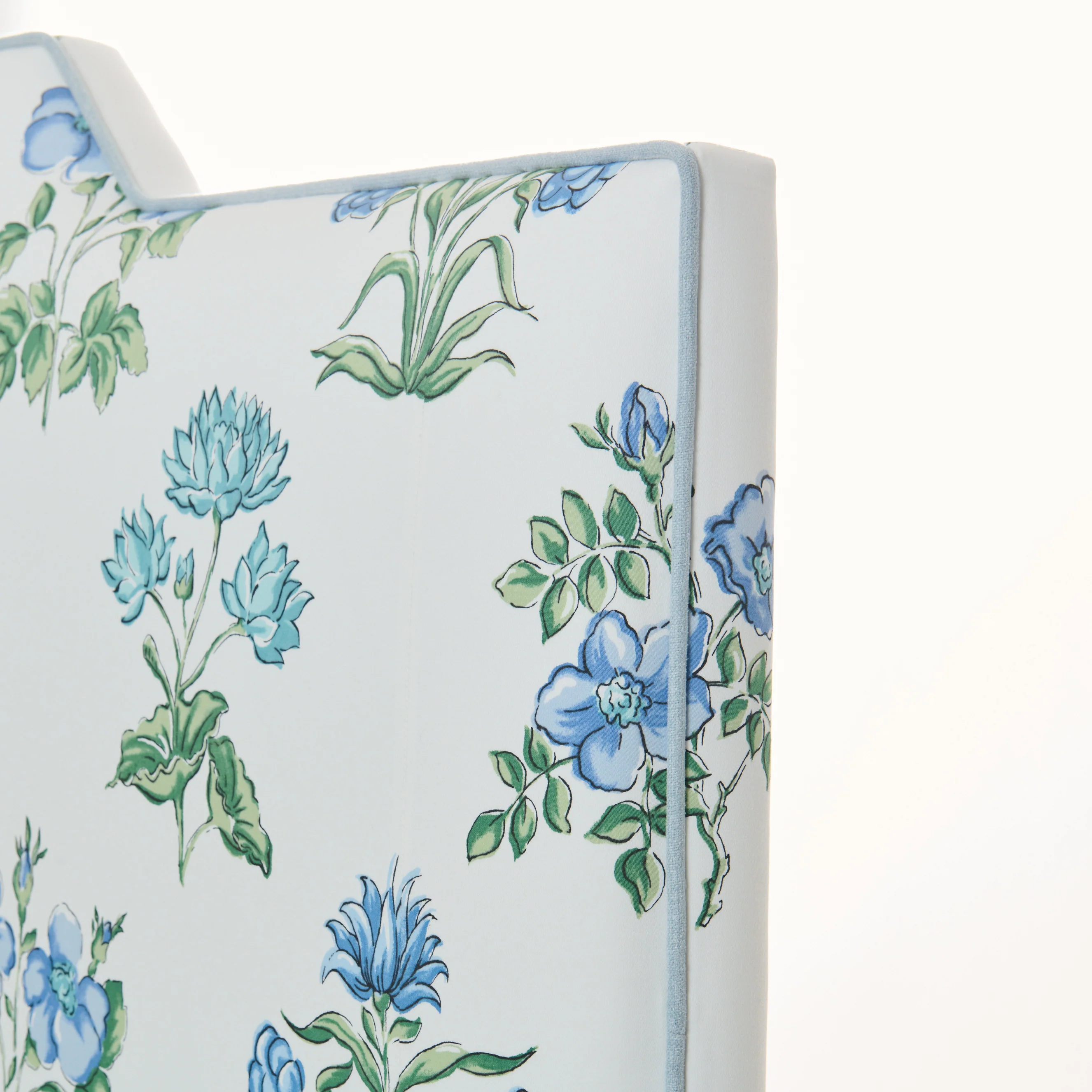 65âH Queen Upholstered Platform Bed - Fabricut Floral Fabric - Sky Blue Trim - Image 5