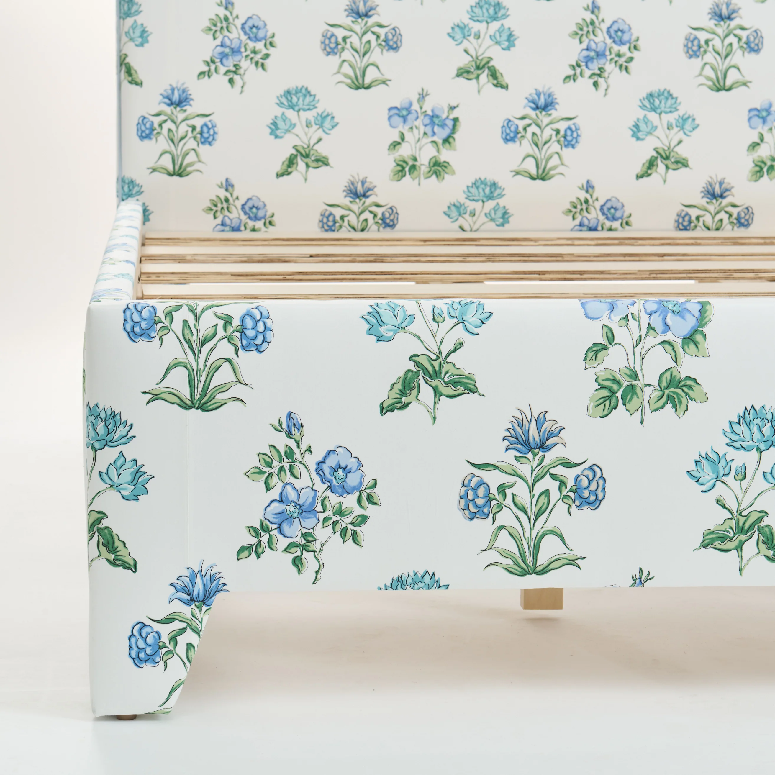 65âH Queen Upholstered Platform Bed - Fabricut Floral Fabric - Sky Blue Trim - Image 7