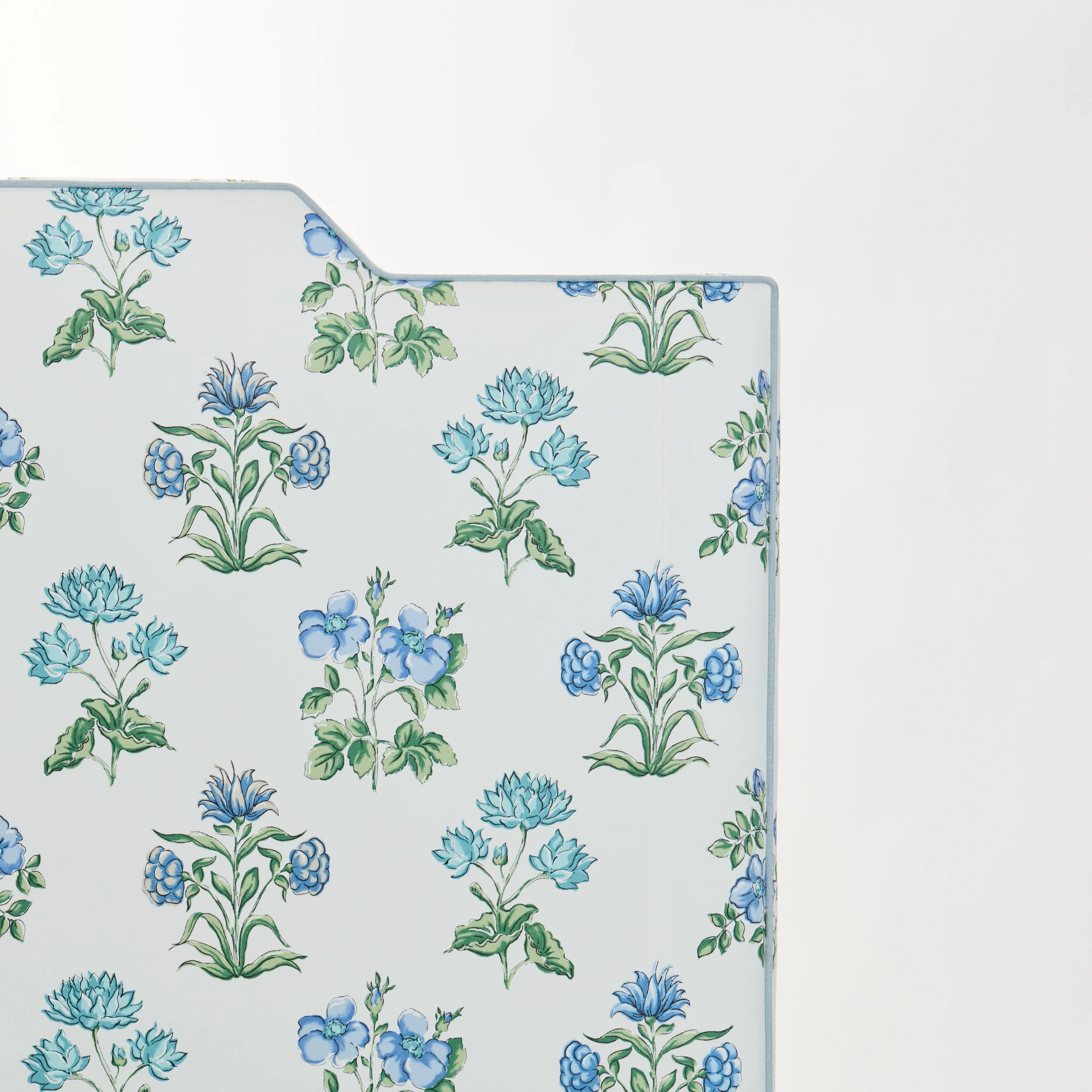 65âH Queen Upholstered Platform Bed - Fabricut Floral Fabric - Sky Blue Trim - Image 8