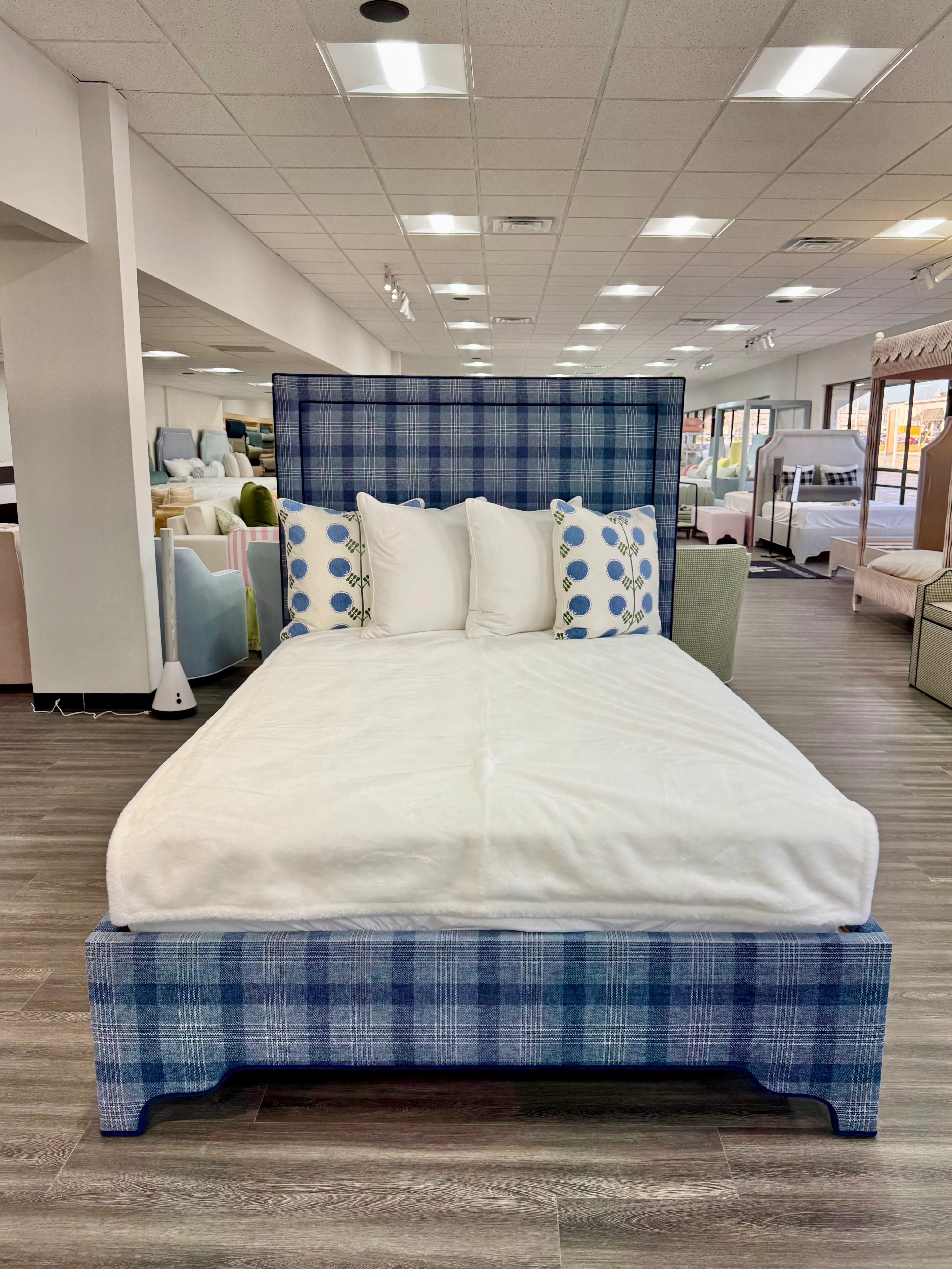 65”H Queen Upholstered Platform Bed - Navy Plaid Fabric - Navy Trim - Image 2