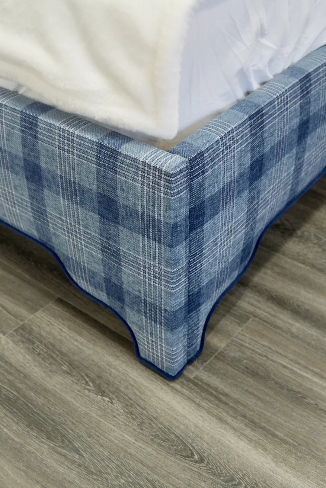 65”H Queen Upholstered Platform Bed - Navy Plaid Fabric - Navy Trim - Image 3