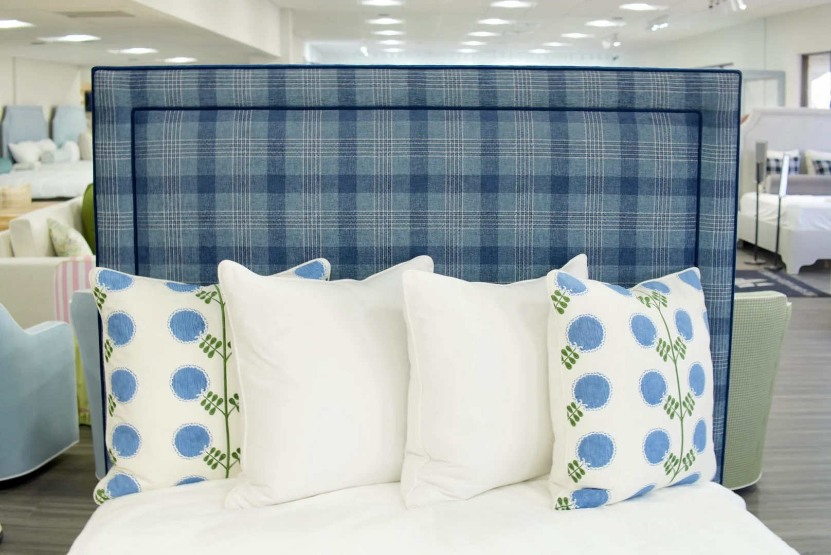 65”H Queen Upholstered Platform Bed - Navy Plaid Fabric - Navy Trim - Image 4