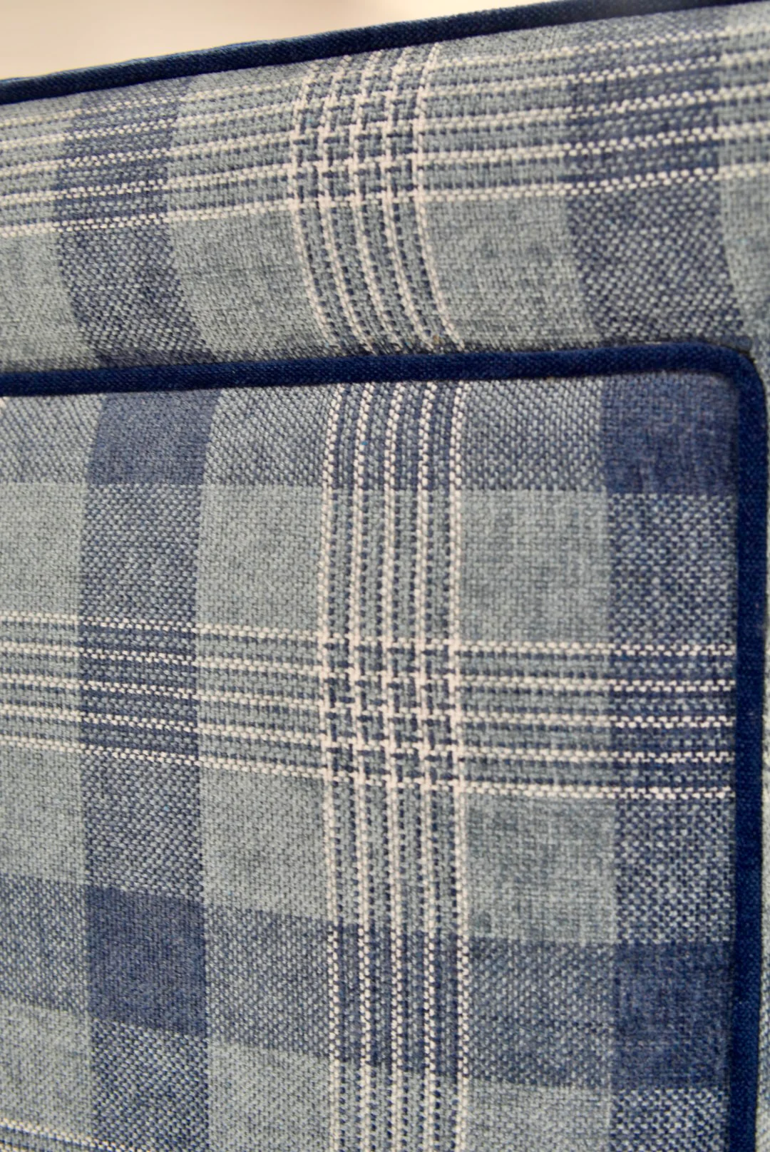 65”H Queen Upholstered Platform Bed - Navy Plaid Fabric - Navy Trim - Image 5