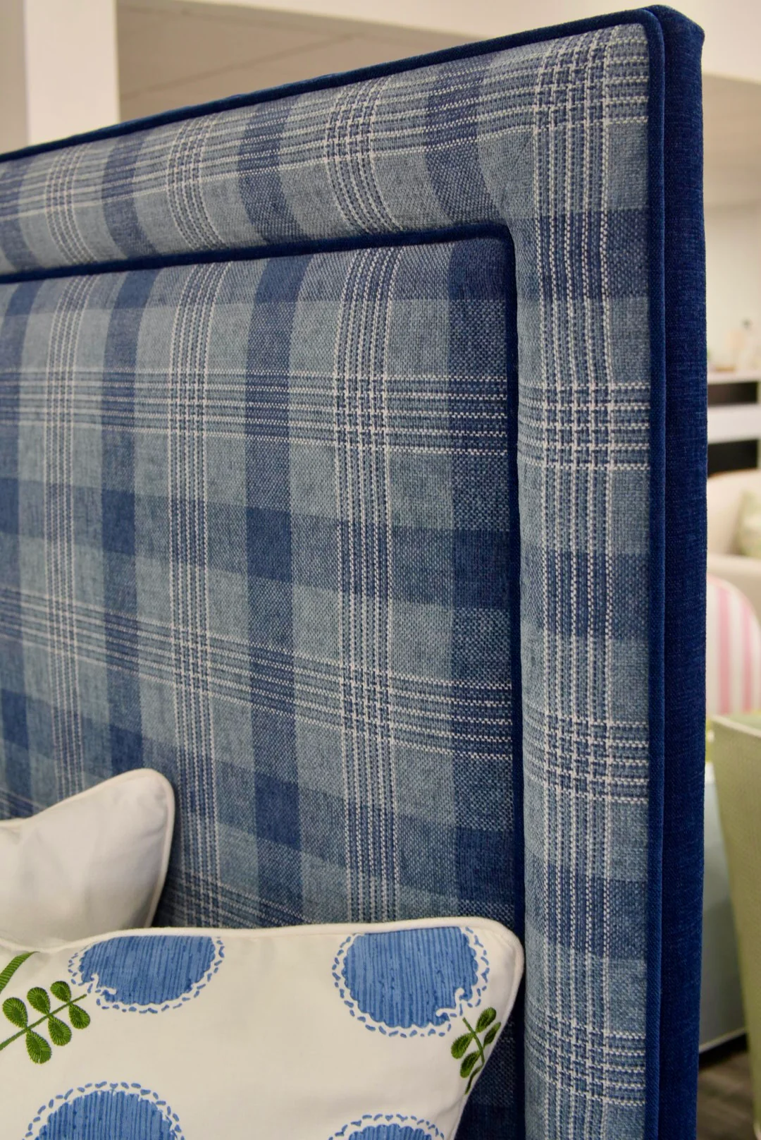 65”H Queen Upholstered Platform Bed - Navy Plaid Fabric - Navy Trim - Image 8