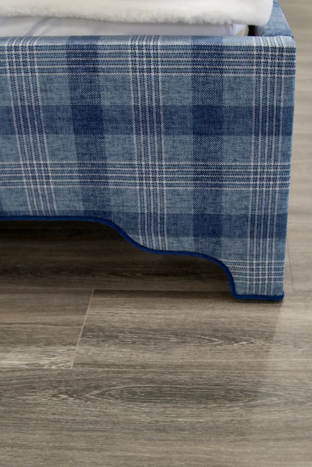 65”H Queen Upholstered Platform Bed - Navy Plaid Fabric - Navy Trim - Image 9