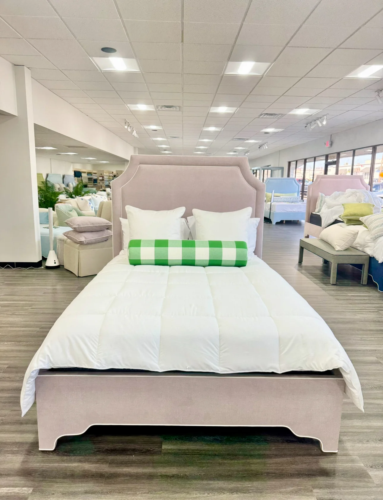 65”H Queen Upholstered Platform Bed - Lilac Woven - White Trim - Image 2