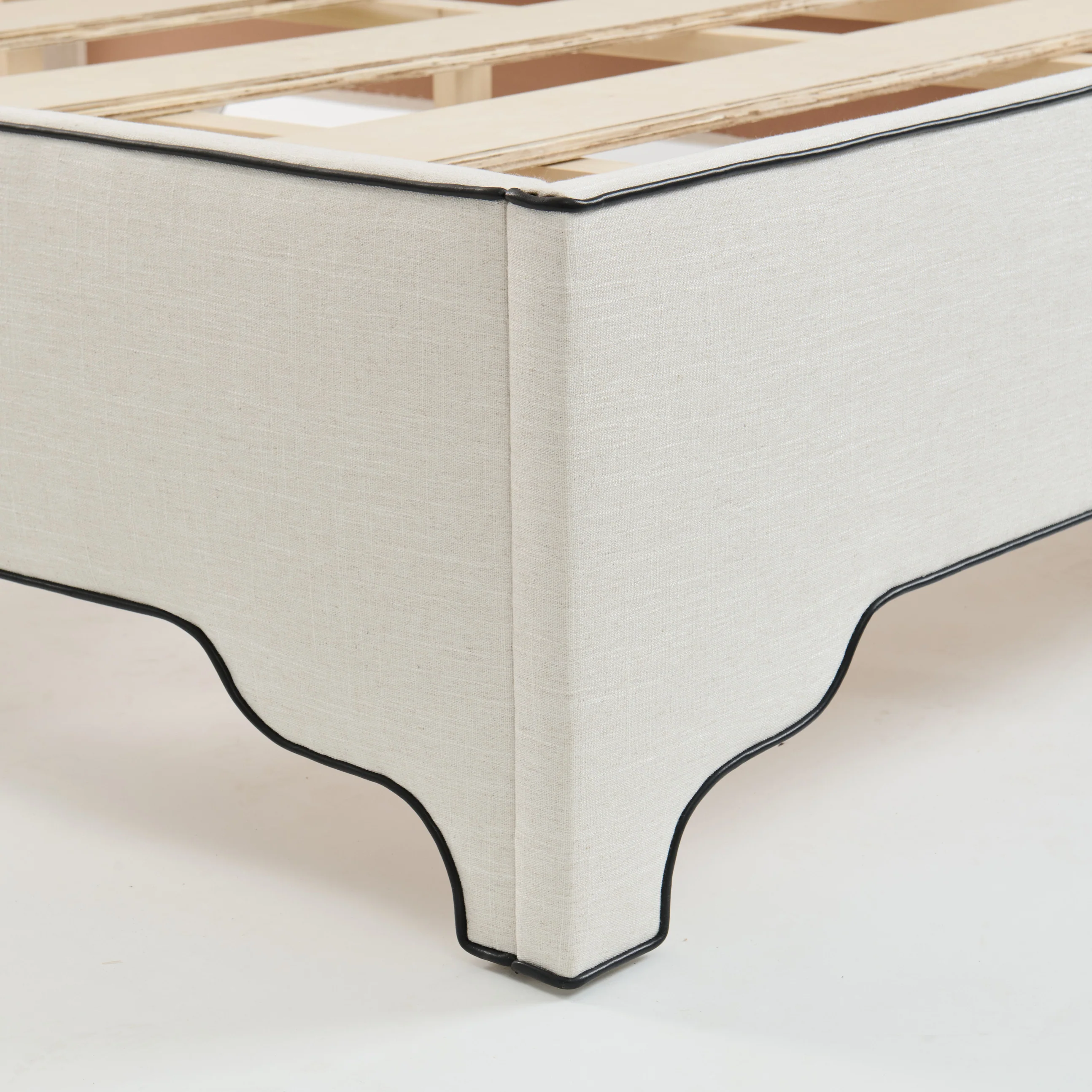 65”H Queen Upholstered Platform Bed - Off-White Linen Fabric - Black Leather Trim - Image 3