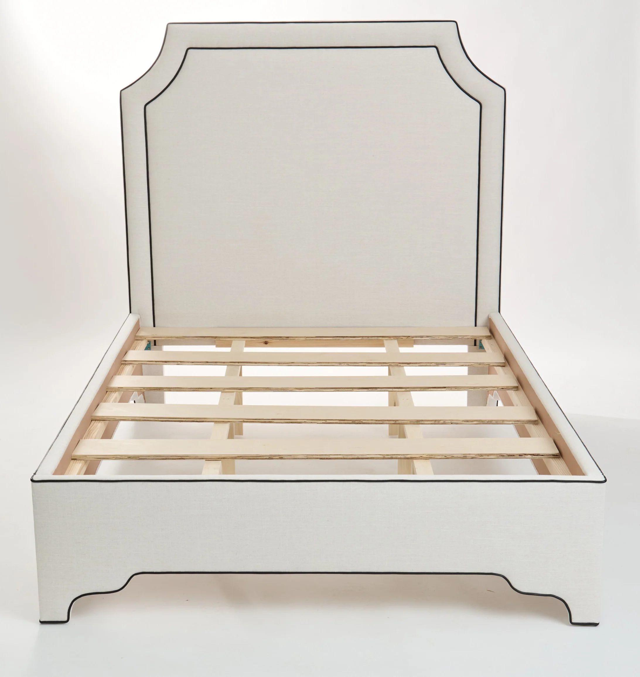 65”H Queen Upholstered Platform Bed - Off-White Linen Fabric - Black Leather Trim - Image 6