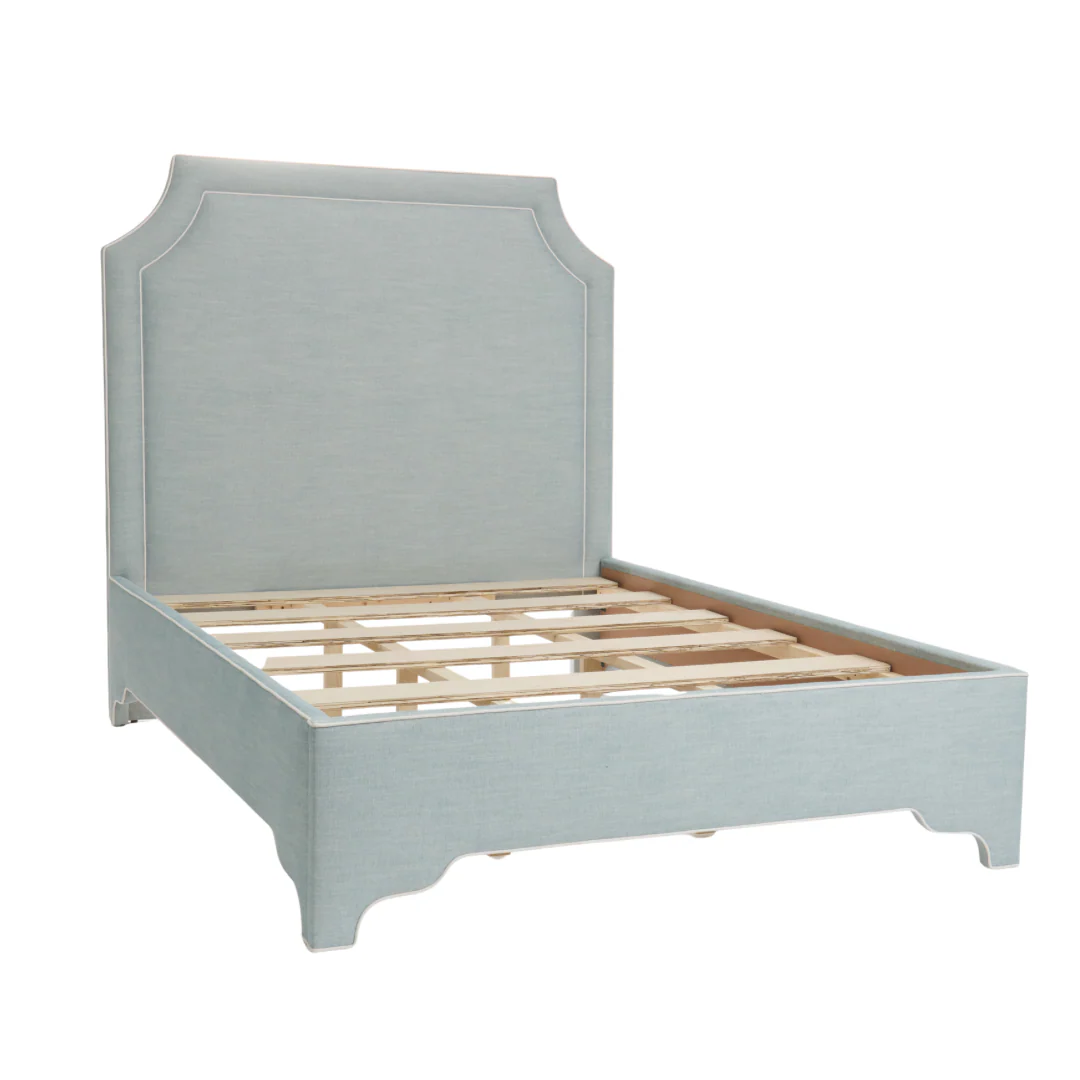 65âH Queen Upholstered Platform Bed - Light Denim Woven Fabric - White Trim