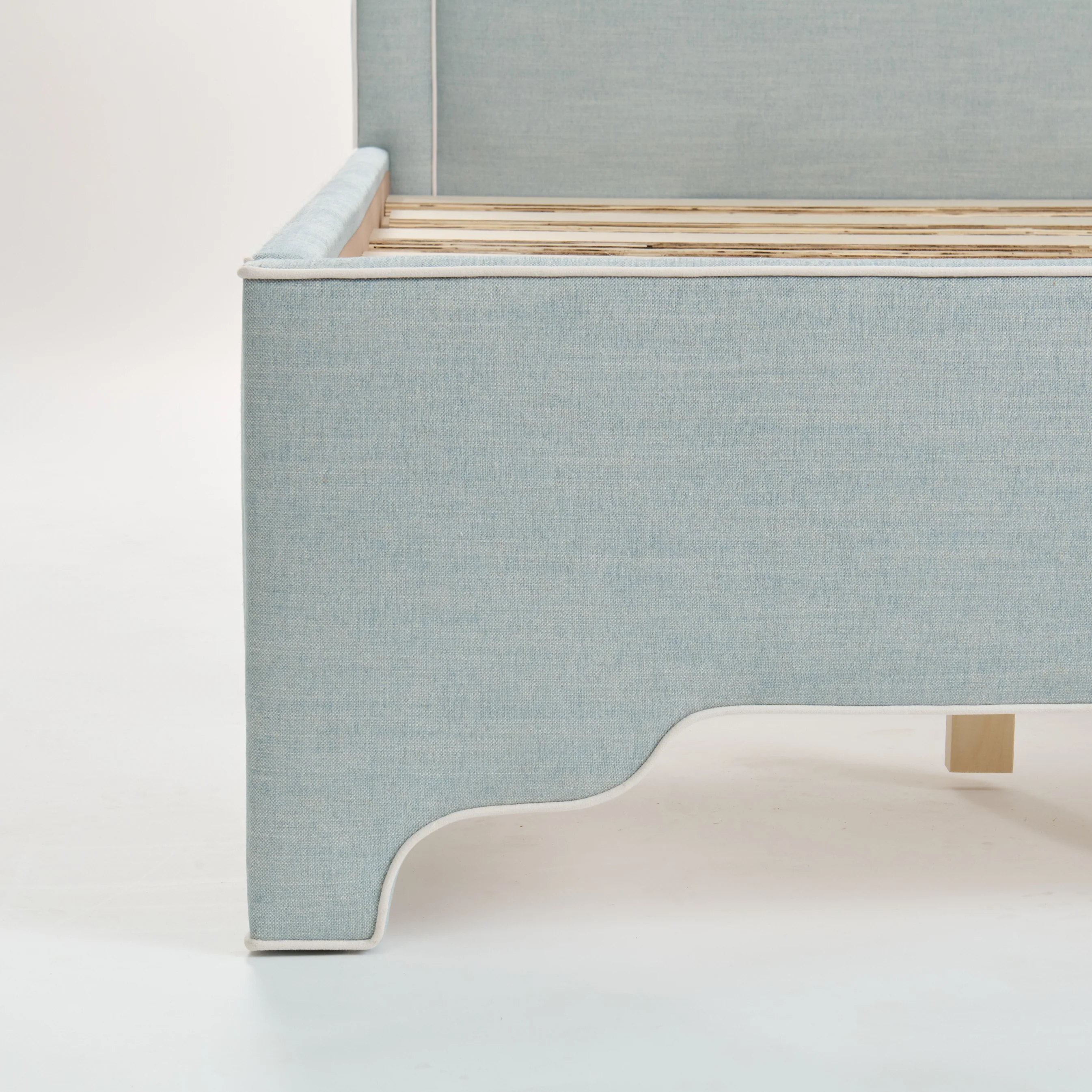 65âH Queen Upholstered Platform Bed - Light Denim Woven Fabric - White Trim - Image 4