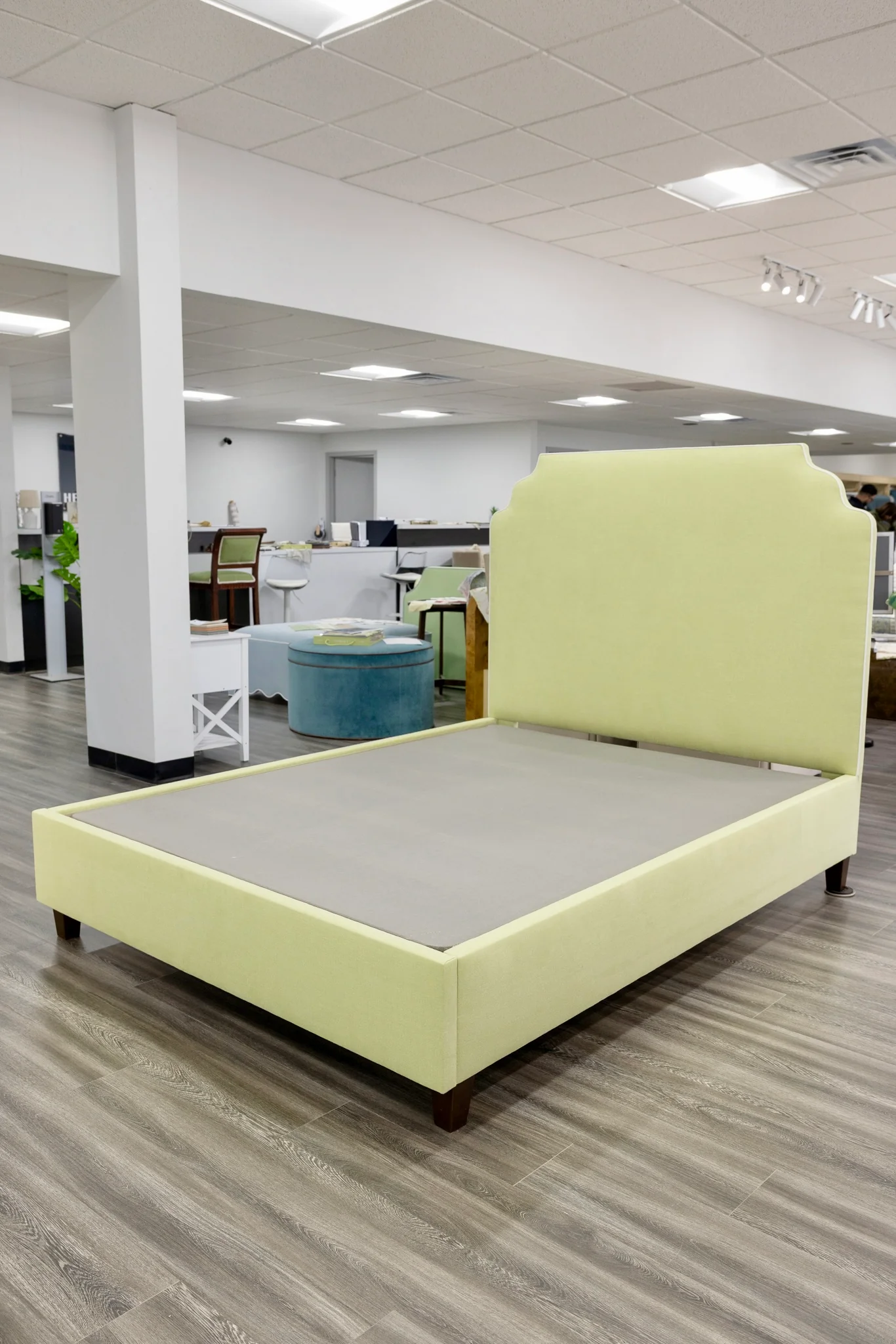 65”H Queen Upholstered Platform Bed - Pear Green Woven - White Trim - Image 5