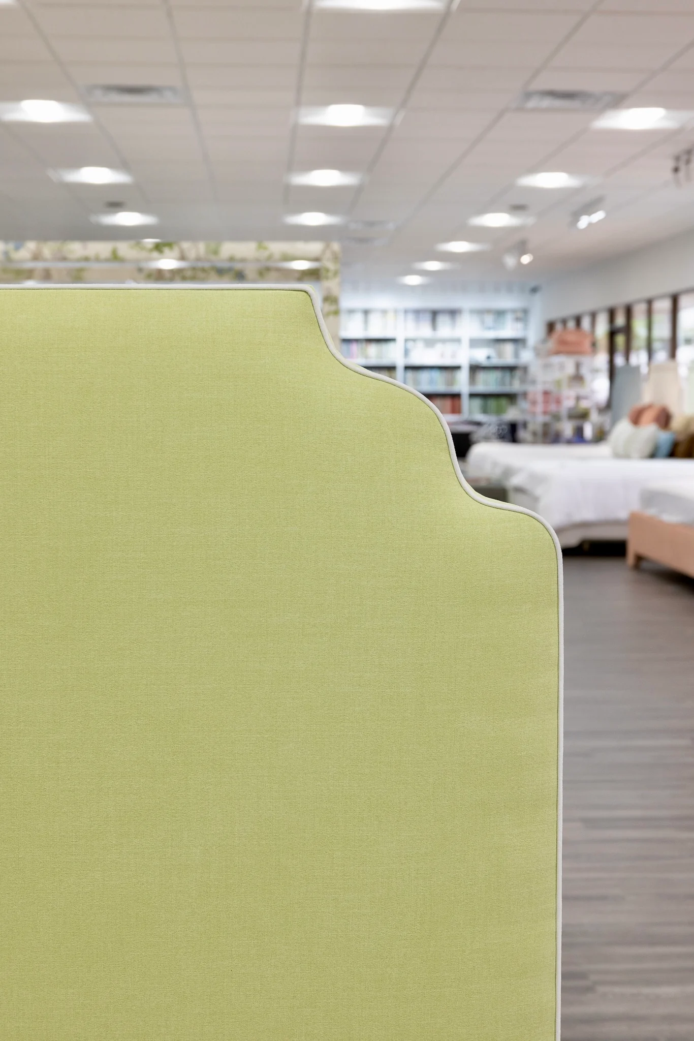 65”H Queen Upholstered Platform Bed - Pear Green Woven - White Trim - Image 6