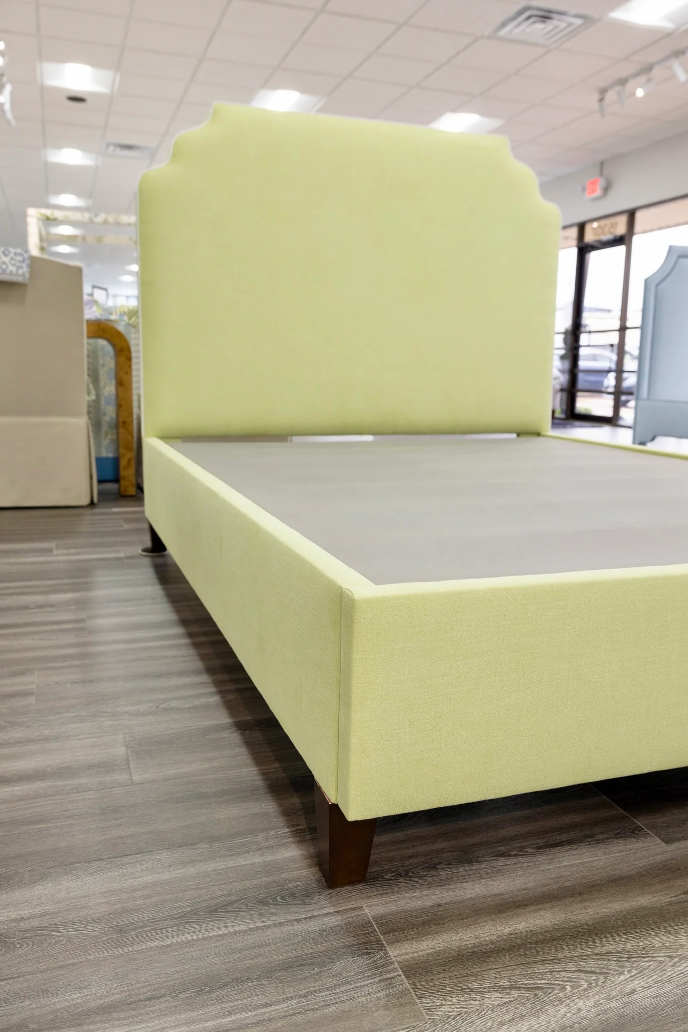 65”H Queen Upholstered Platform Bed - Pear Green Woven - White Trim - Image 8