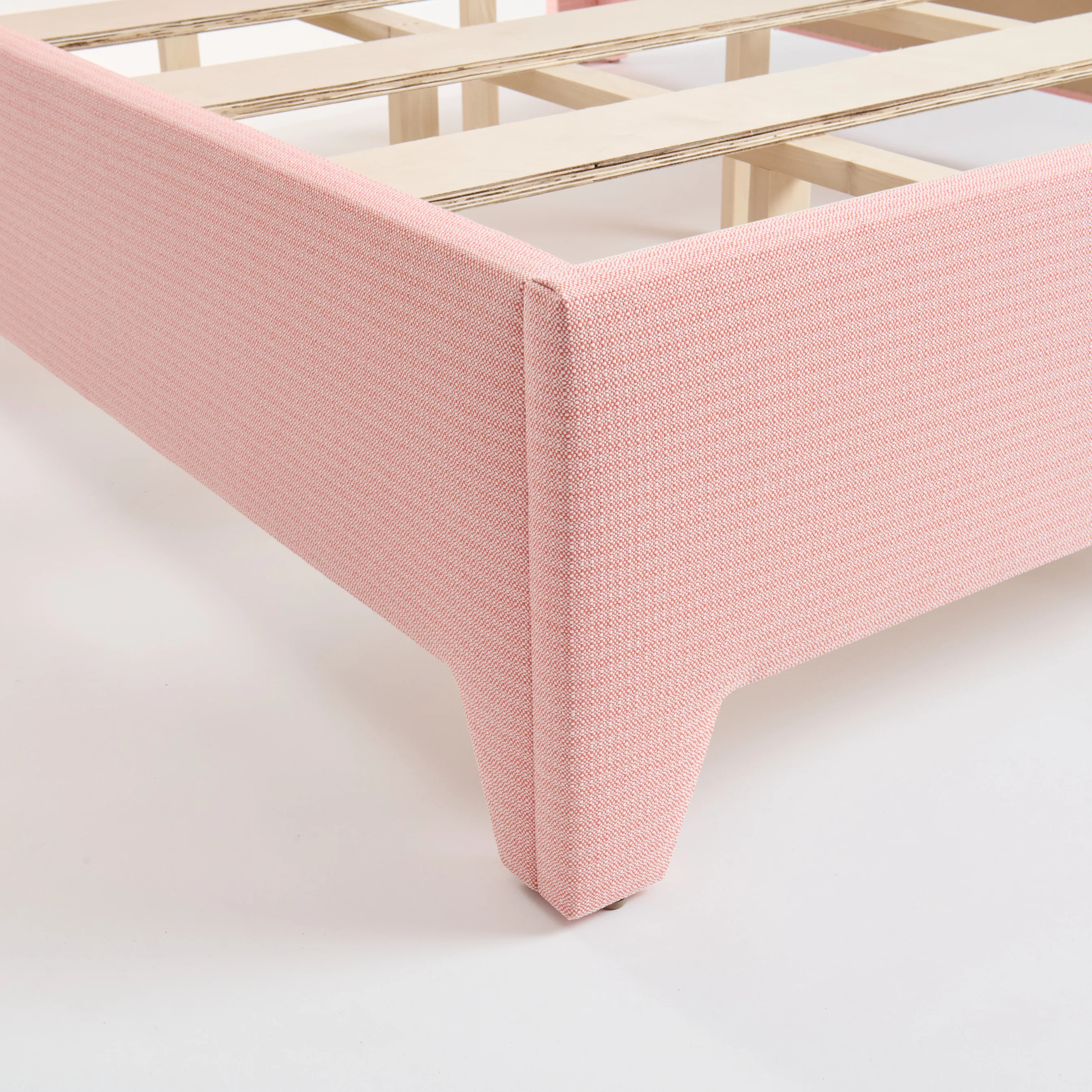 65”H Queen Upholstered Platform Bed - Performance Coral Linen Fabric - Pear Green Trim - Image 5