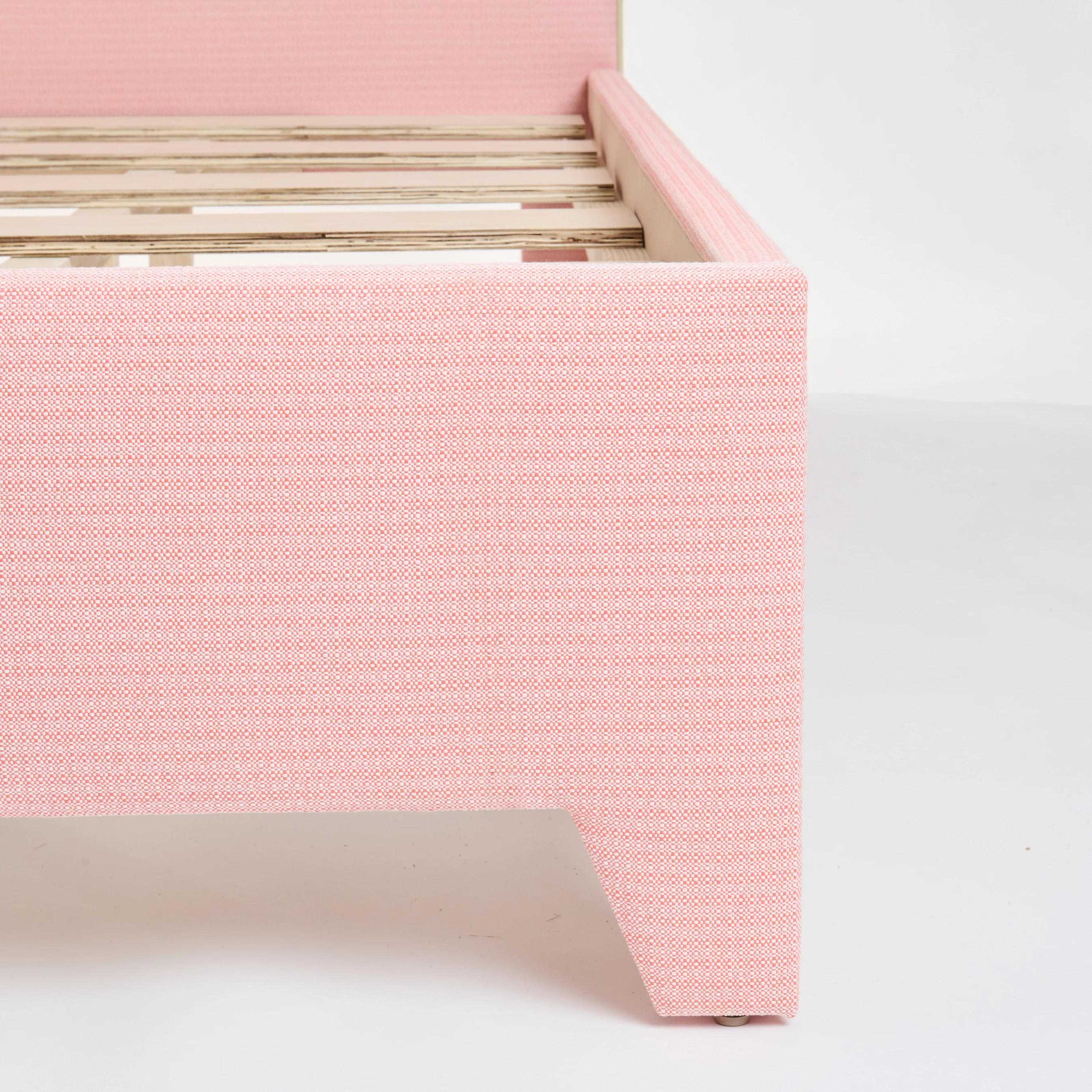 65”H Queen Upholstered Platform Bed - Performance Coral Linen Fabric - Pear Green Trim - Image 6