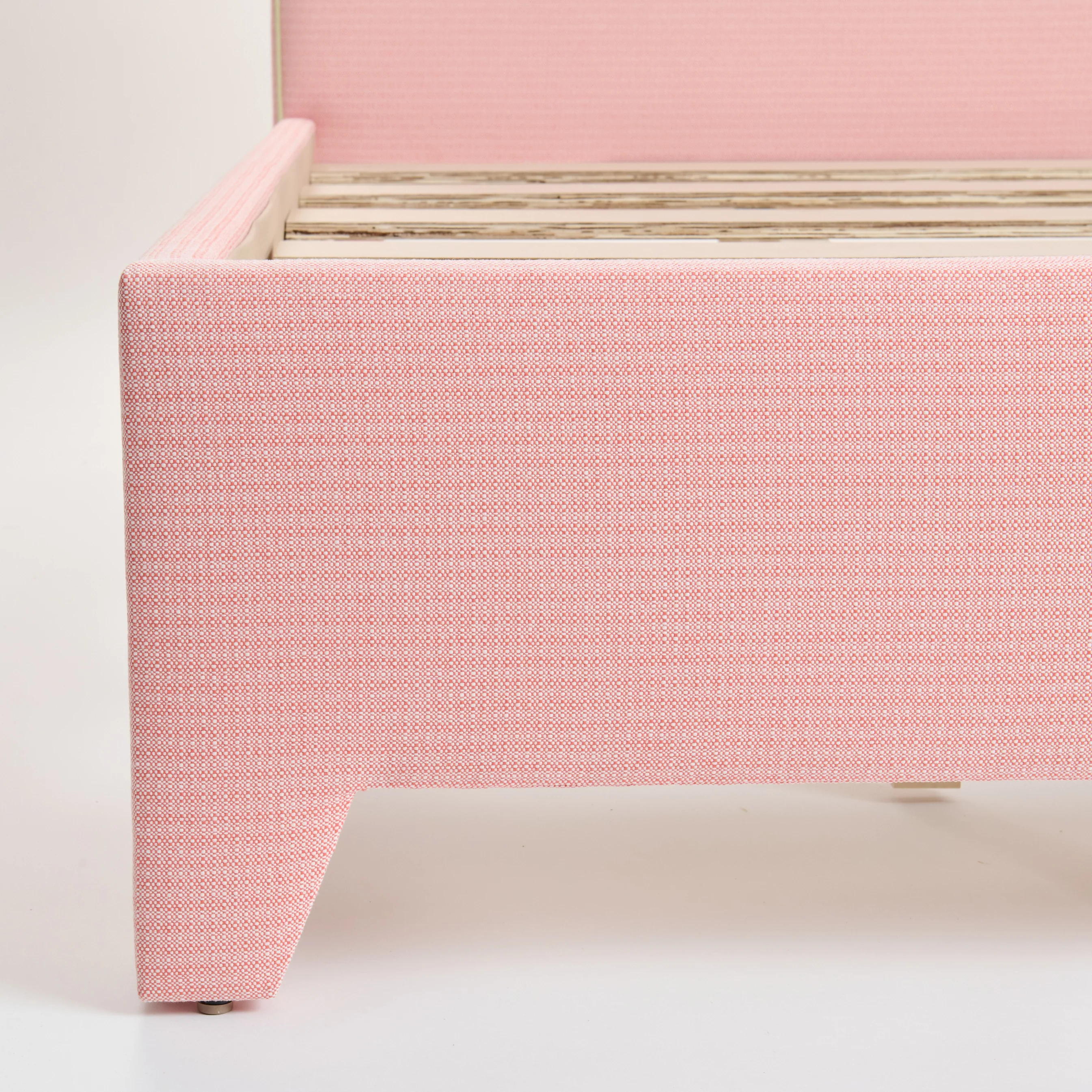 65”H Queen Upholstered Platform Bed - Performance Coral Linen Fabric - Pear Green Trim - Image 7