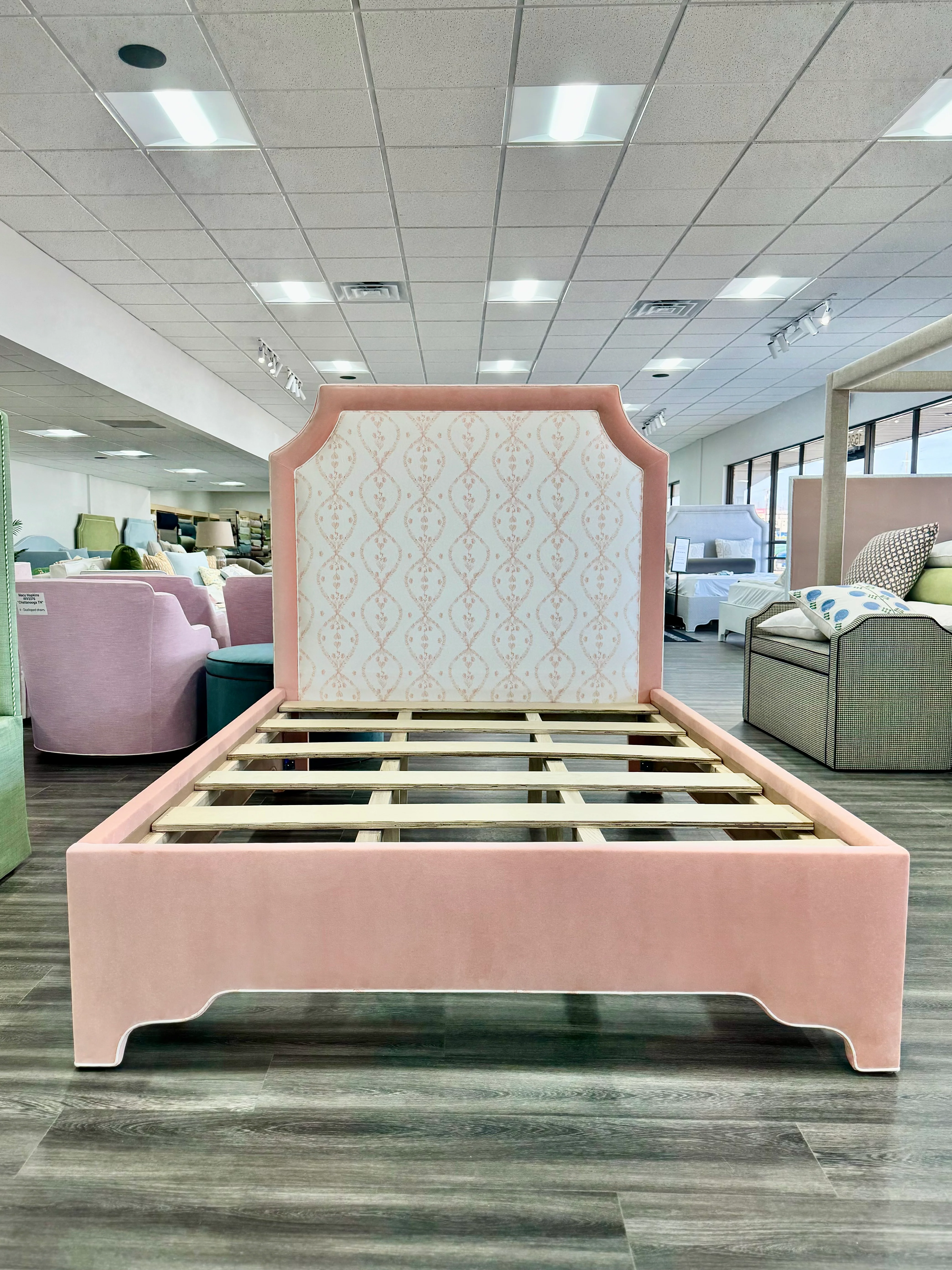 65”H Queen Upholstered Platform Bed - Flora Rust Linen Fabric - Velvet Contrast - Image 3