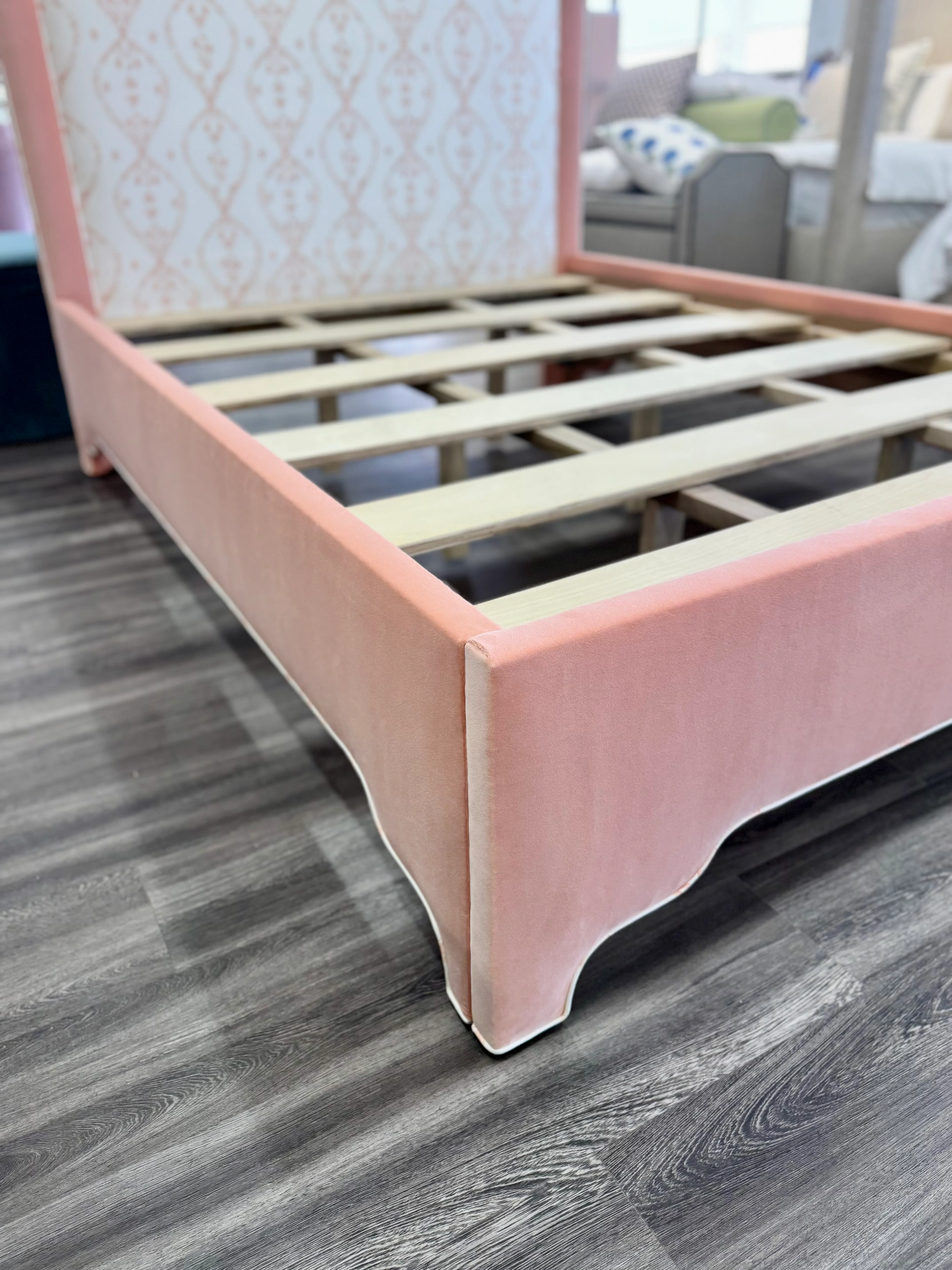 65”H Queen Upholstered Platform Bed - Flora Rust Linen Fabric - Velvet Contrast - Image 4
