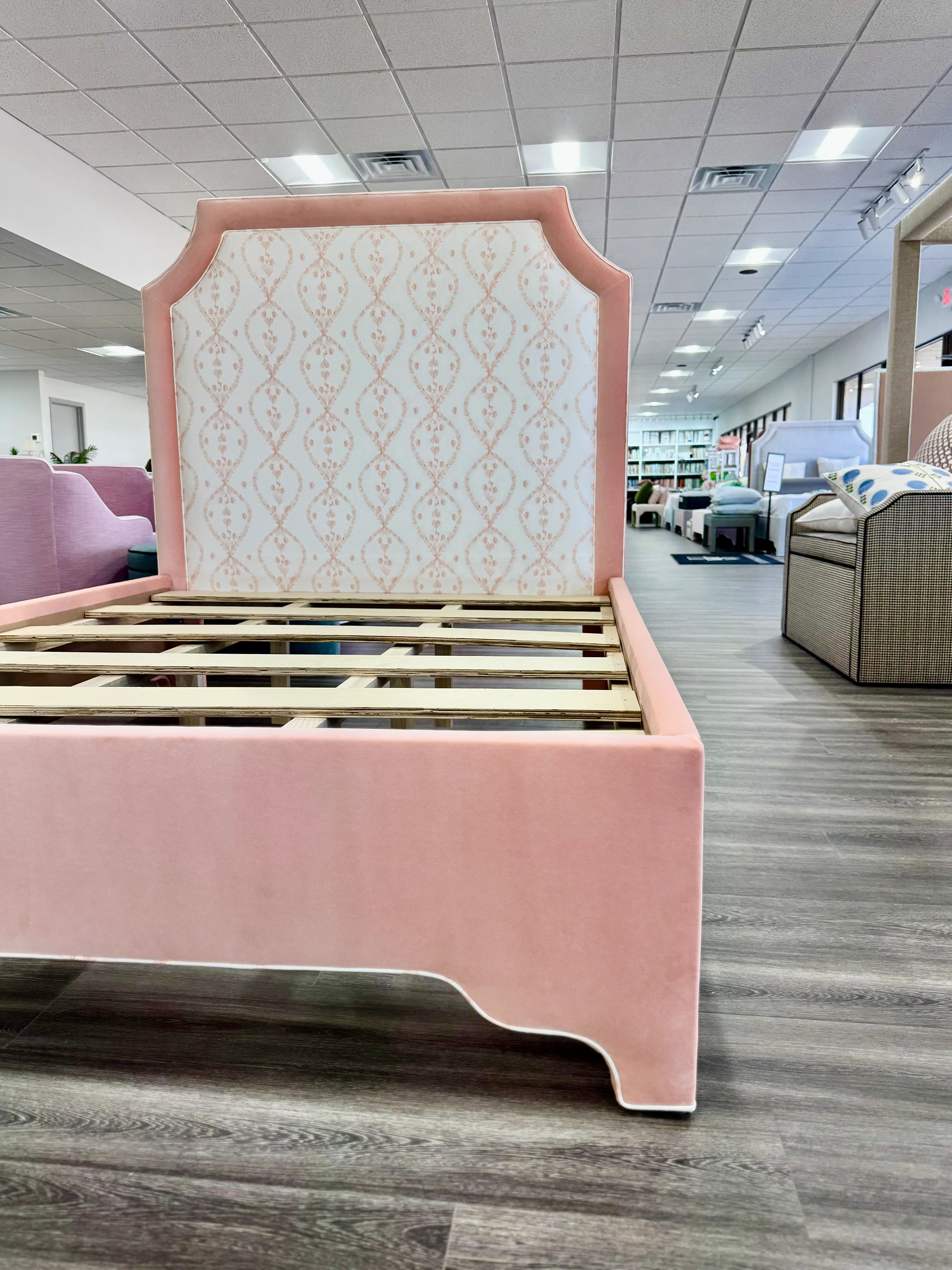 65”H Queen Upholstered Platform Bed - Flora Rust Linen Fabric - Velvet Contrast - Image 5
