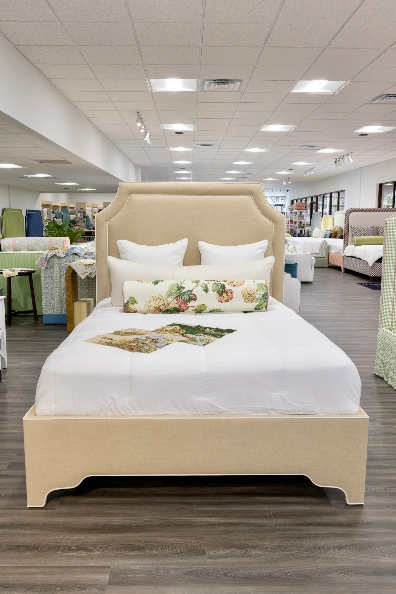 65”H Queen Upholstered Platform Bed - Sand Chenille Fabric with White Trim - Image 11