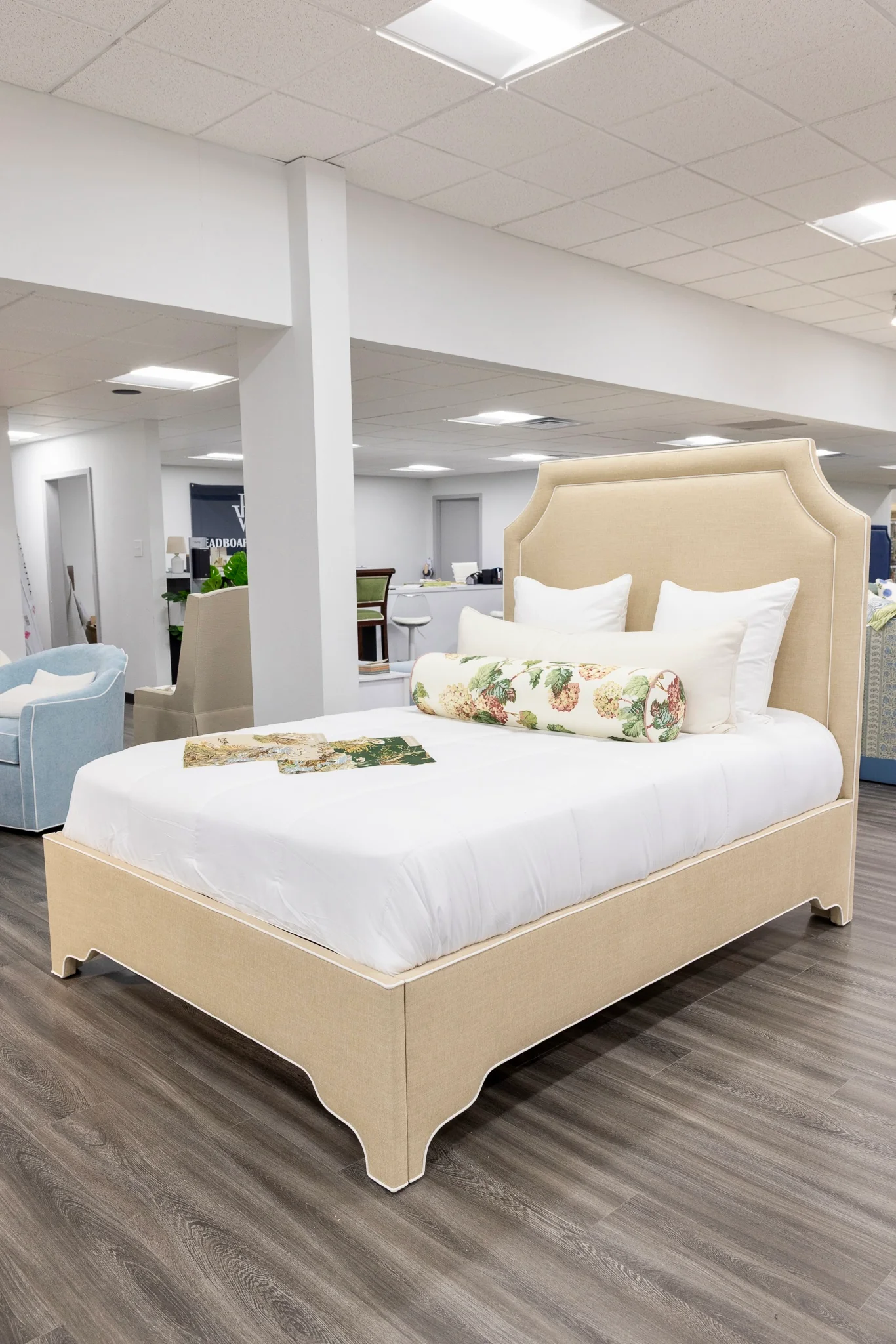 65”H Queen Upholstered Platform Bed - Sand Chenille Fabric with White Trim - Image 7