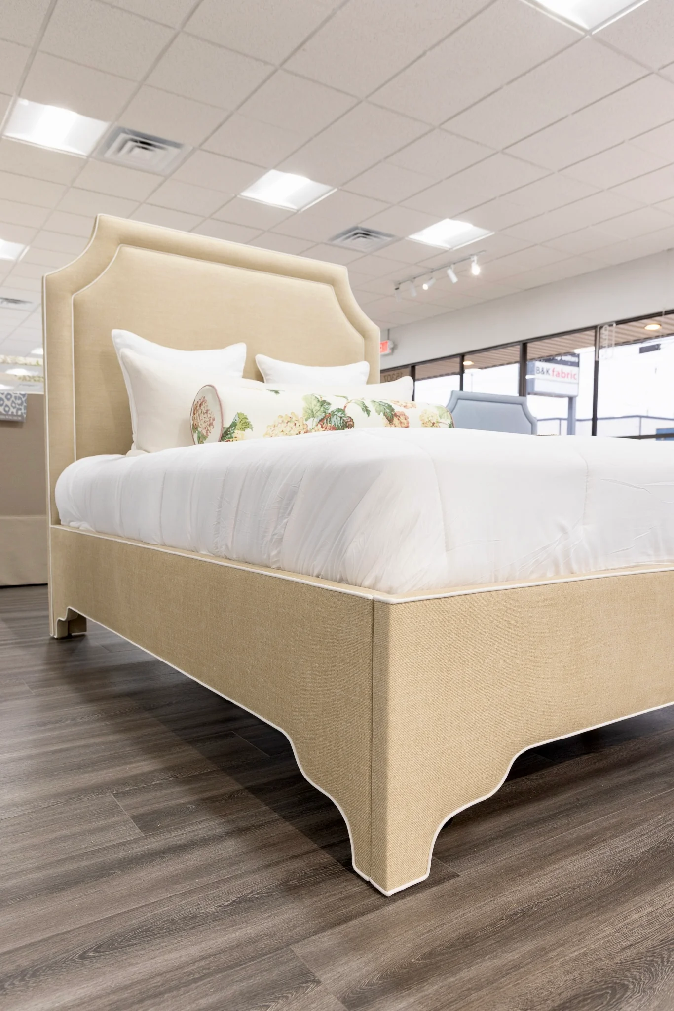 65”H Queen Upholstered Platform Bed - Sand Chenille Fabric with White Trim - Image 8