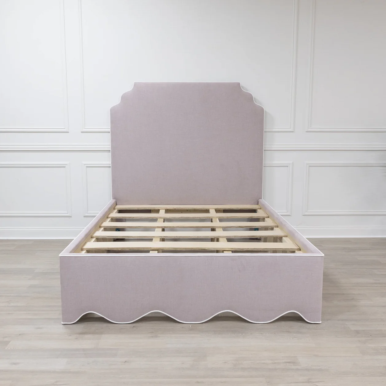 65" H Queen Upholstered Platform Bed - Scalloped Base - Lilac Woven Fabric with White Trim - Image 6