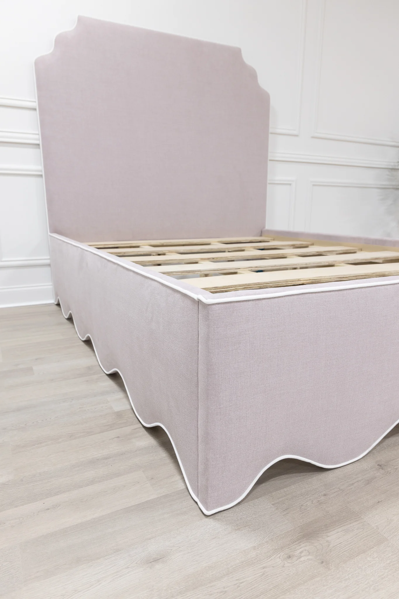 65" H Queen Upholstered Platform Bed - Scalloped Base - Lilac Woven Fabric with White Trim - Image 7