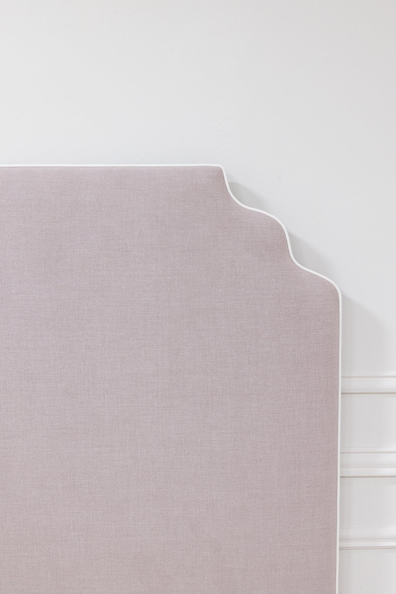 65" H Queen Upholstered Platform Bed - Scalloped Base - Lilac Woven Fabric with White Trim - Image 8