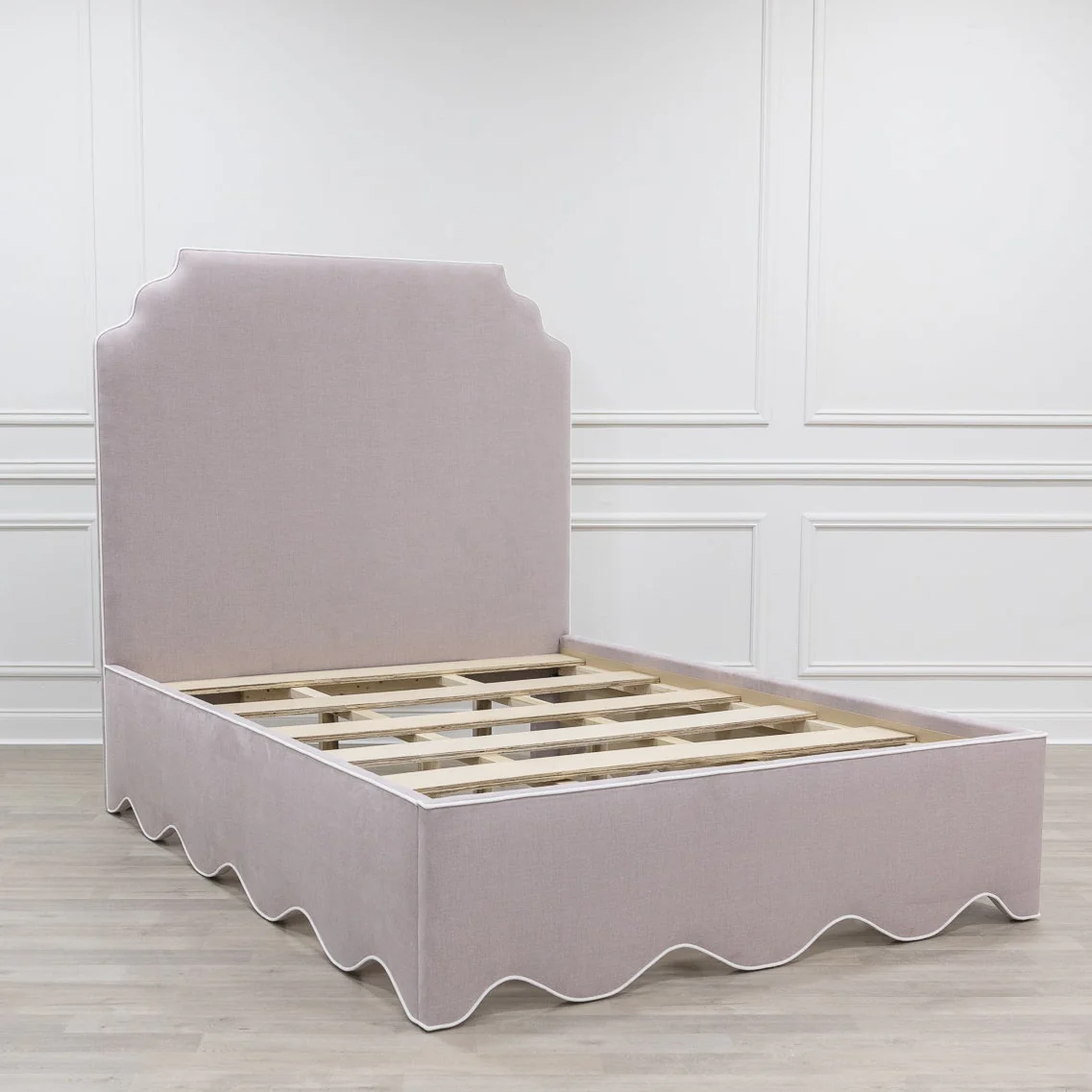 65" H Queen Upholstered Platform Bed - Scalloped Base - Lilac Woven Fabric with White Trim - Image 9