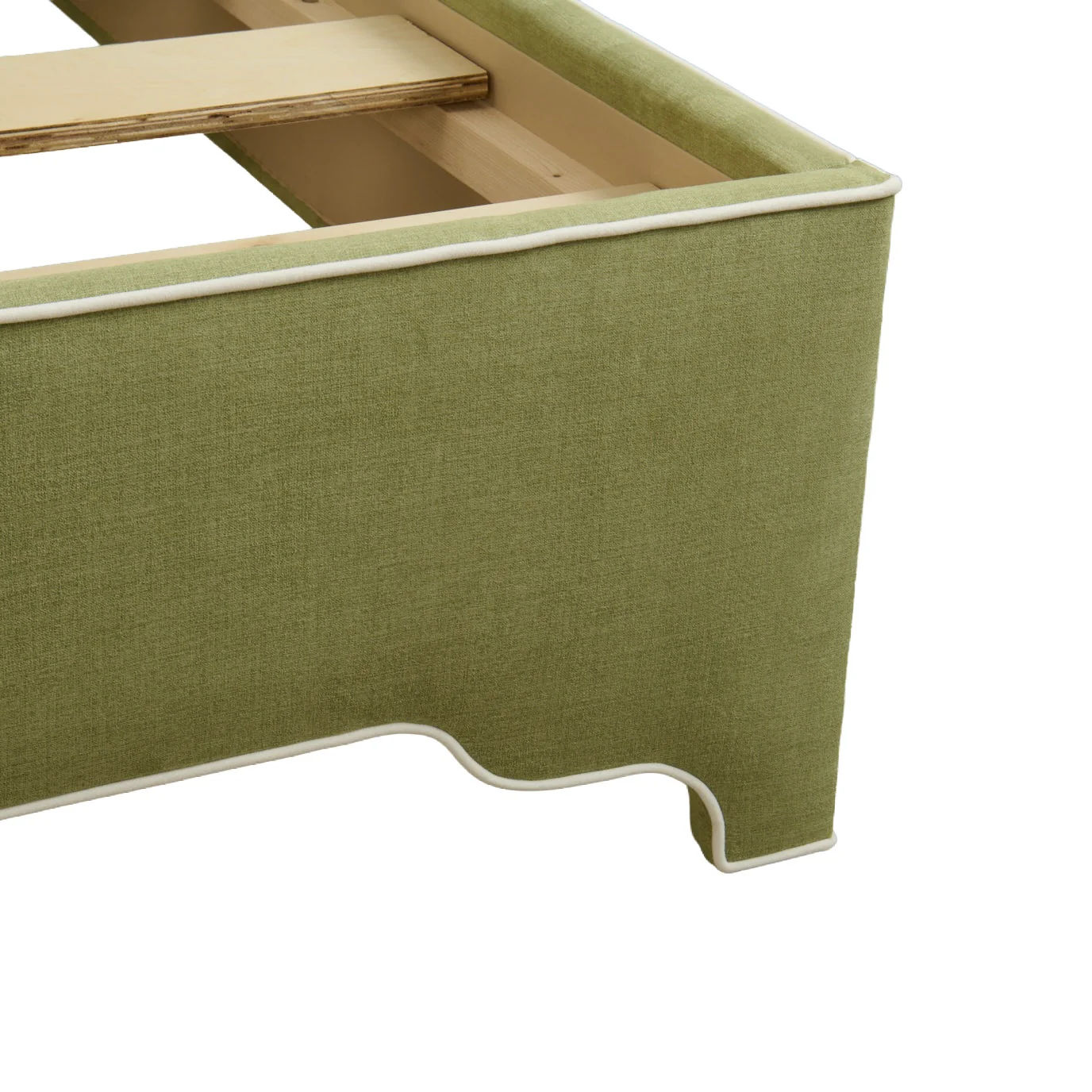 65”H King Upholstered Platform Bed - Scalloped Legs - Pistachio Green Woven Fabric with White Trim - Image 8