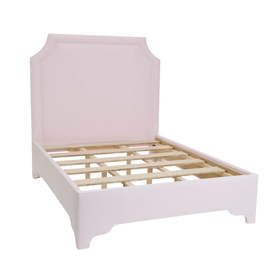 65â H Queen Upholstered Platform Bed - Scalloped Legs - Powder Pink Woven Fabric with White Trim