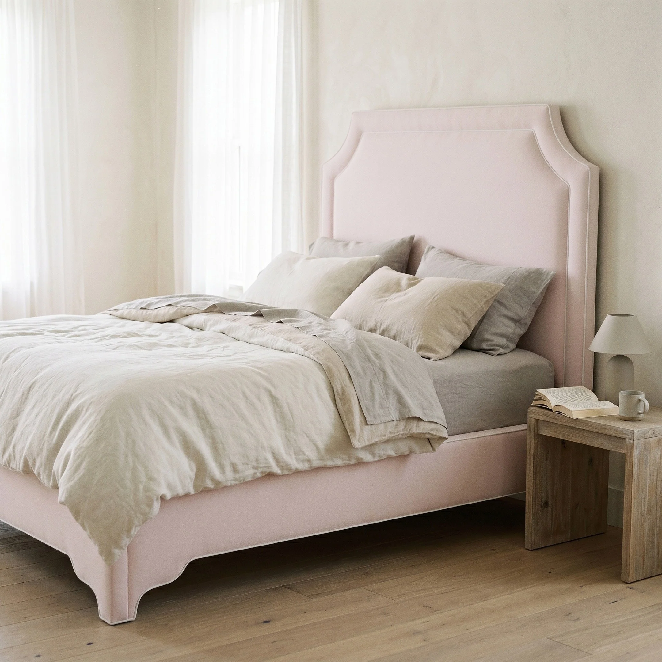 65â H Queen Upholstered Platform Bed - Scalloped Legs - Powder Pink Woven Fabric with White Trim - Image 2