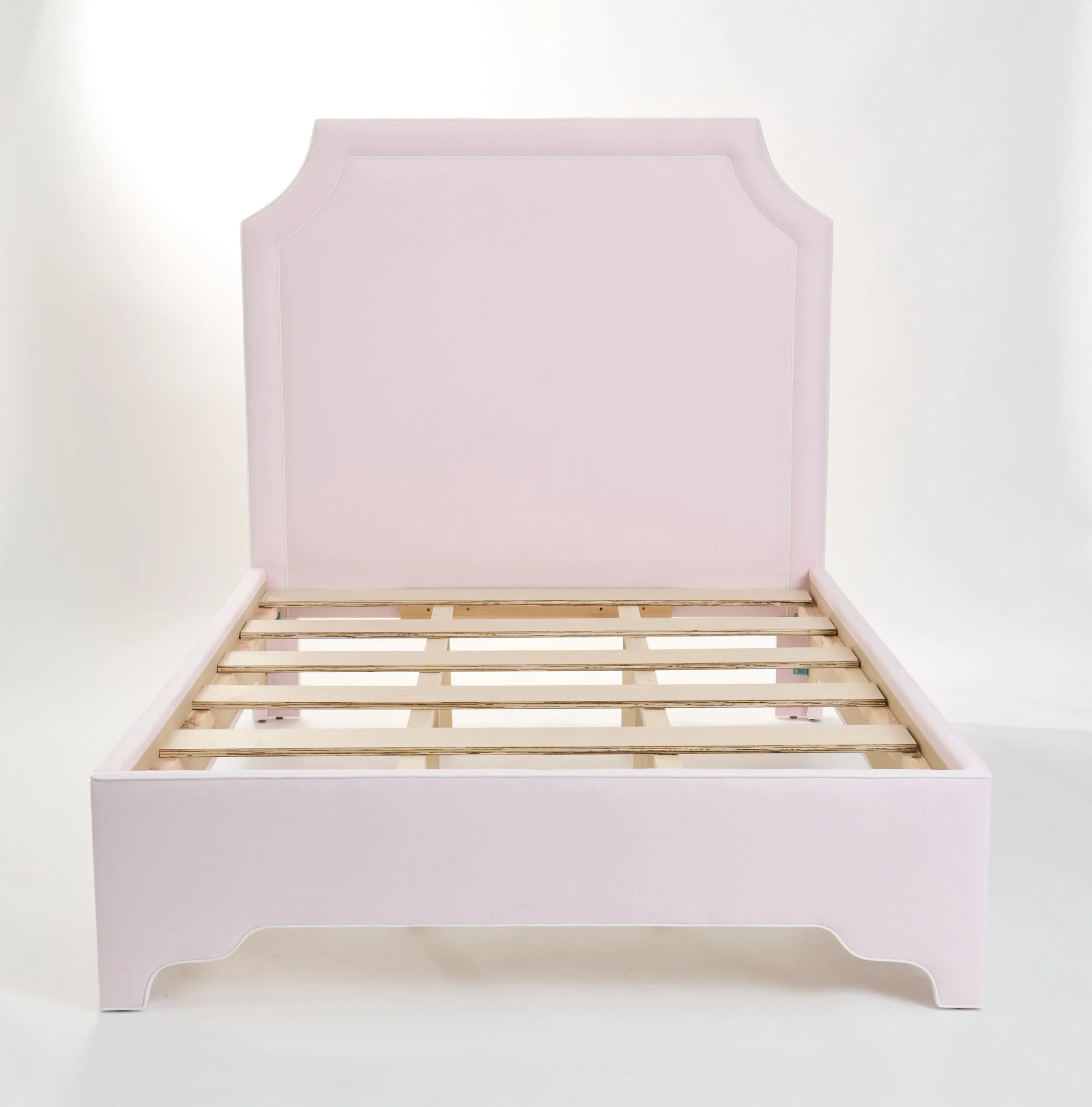 65â H Queen Upholstered Platform Bed - Scalloped Legs - Powder Pink Woven Fabric with White Trim - Image 6