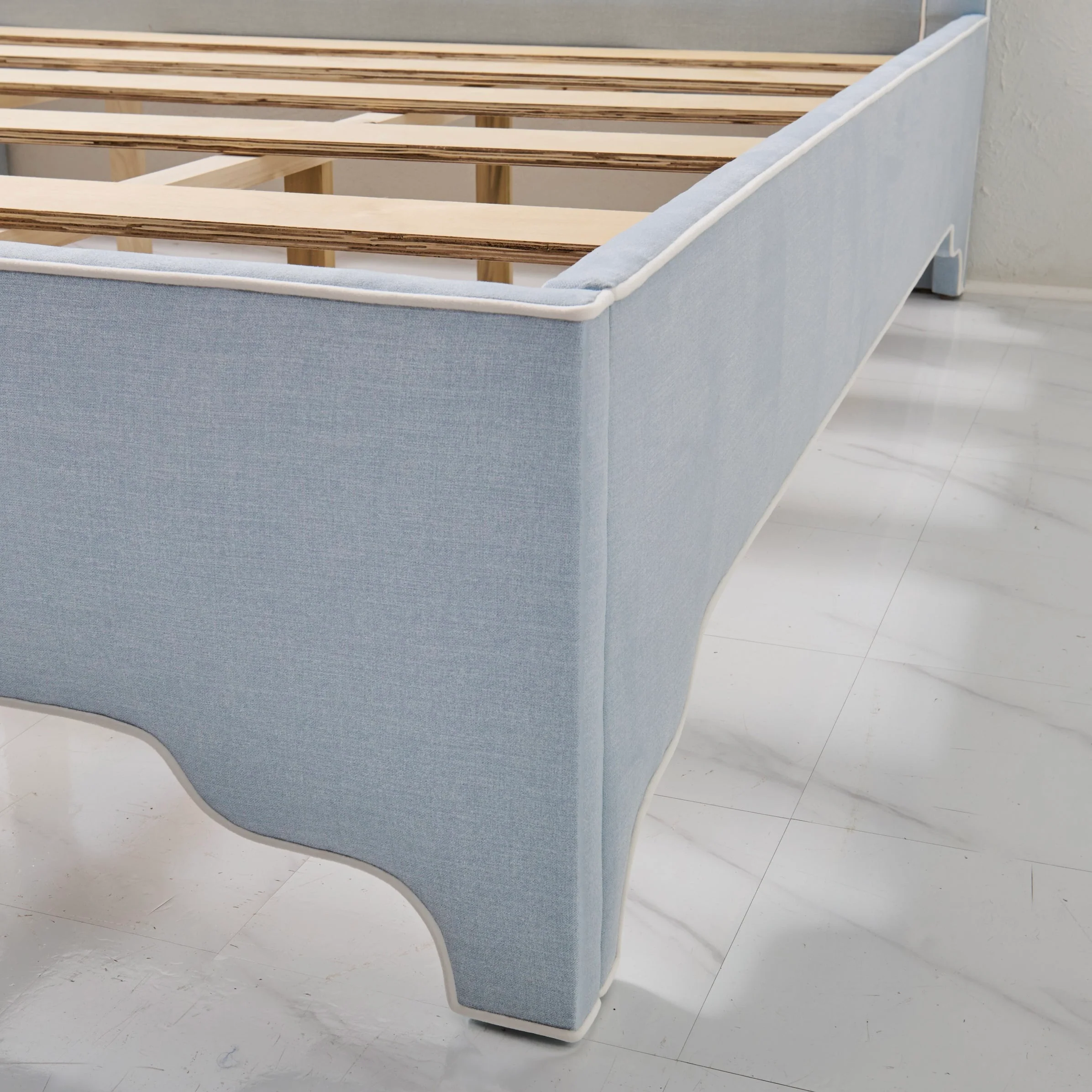 65”H Queen Upholstered Platform Bed - Scalloped Legs - Sky Blue Woven Fabric with White Trim - Image 6