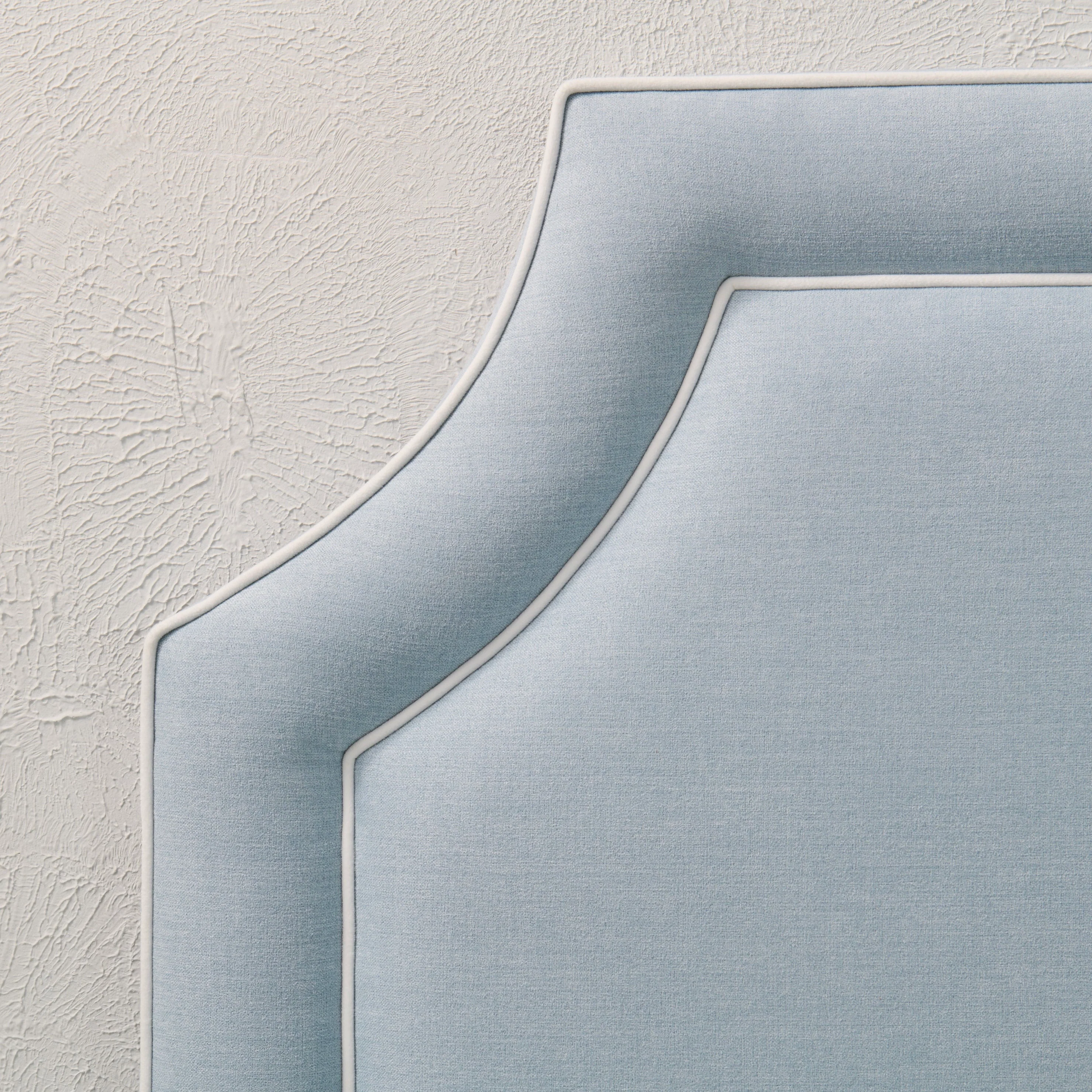 65”H Queen Upholstered Platform Bed - Scalloped Legs - Sky Blue Woven Fabric with White Trim - Image 8
