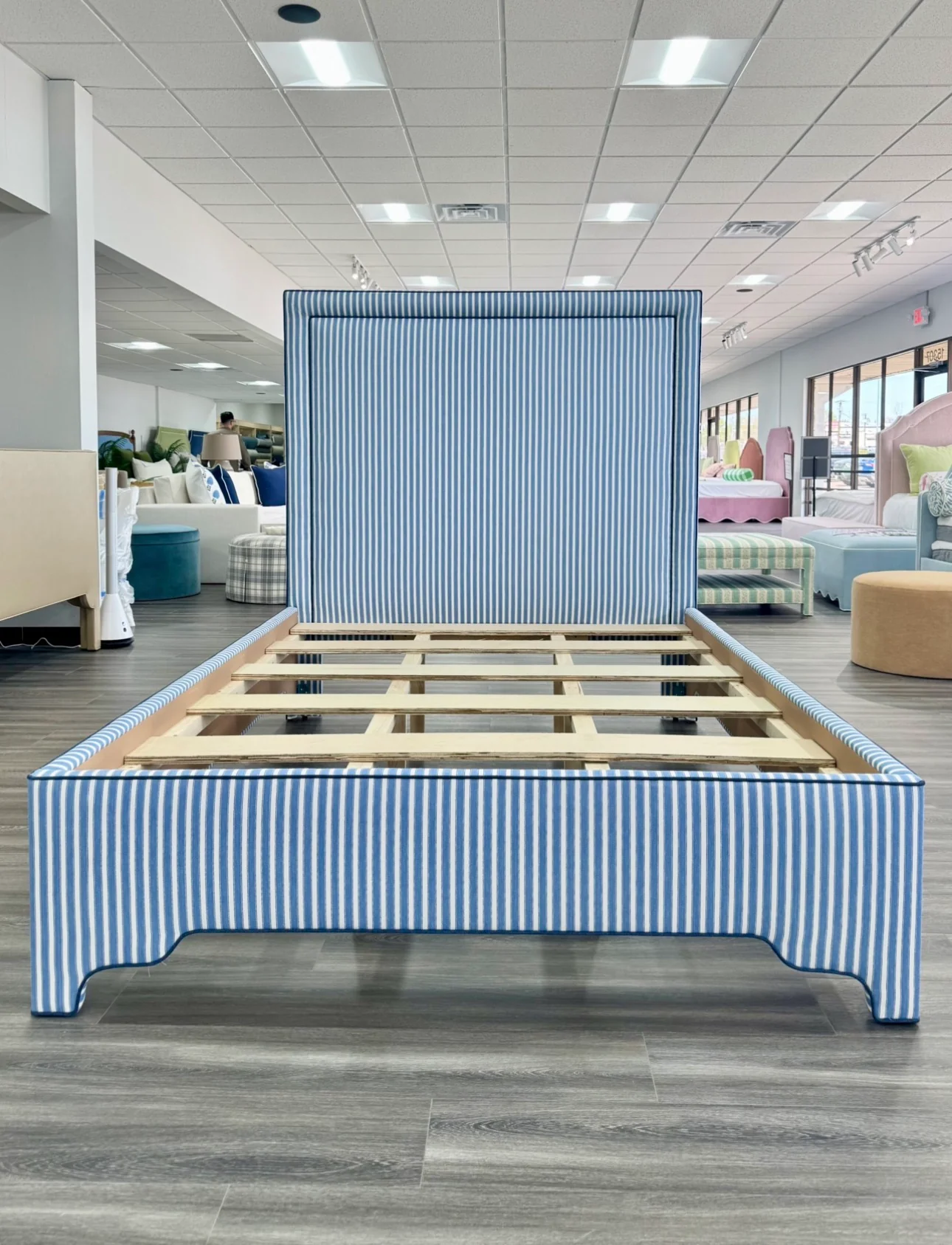 65”H Queen Upholstered Platform Bed - Schumacher Striped Fabric - Navy Trim - Image 5