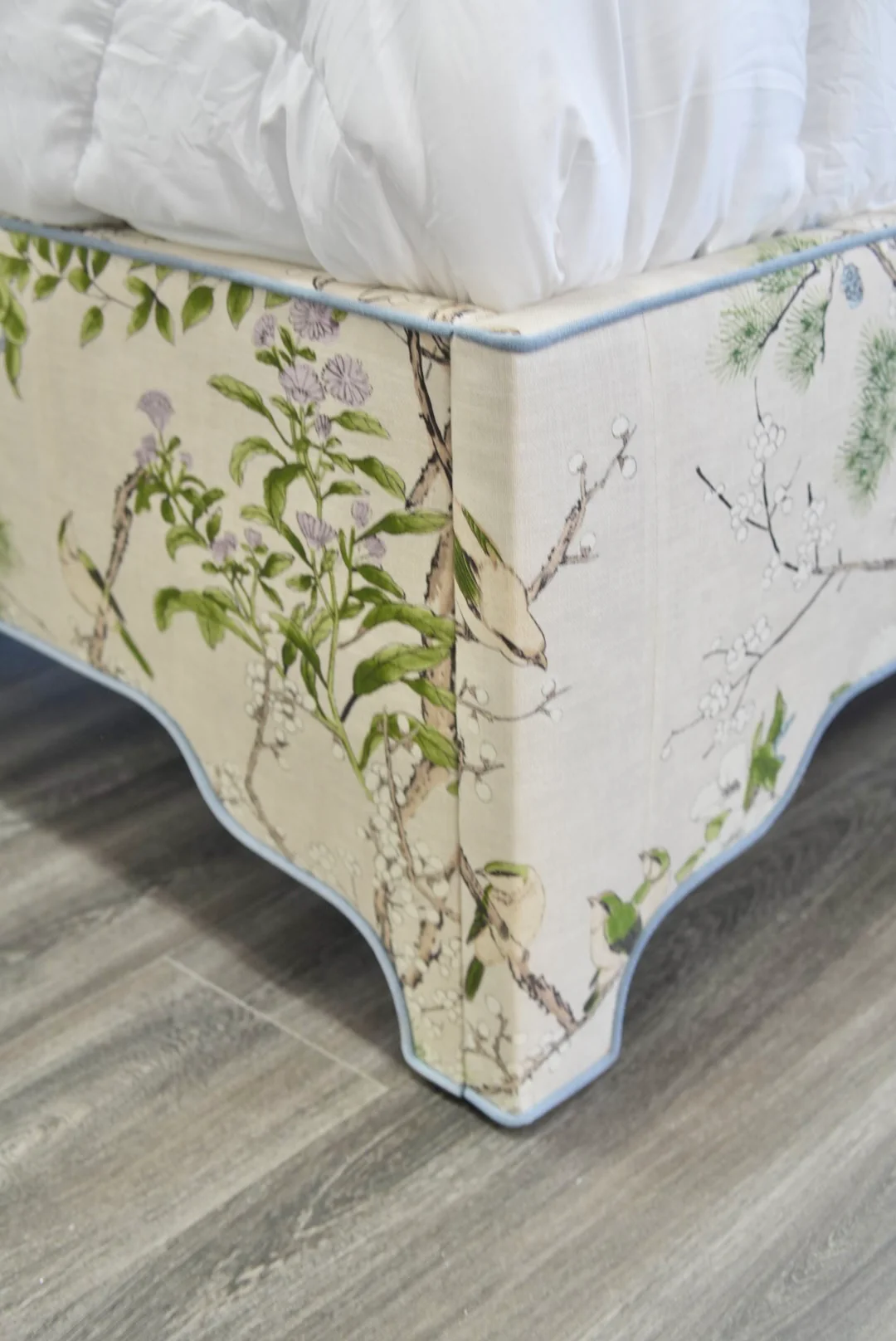 65" H Queen Upholstered Platform Bed - Thibaut Fabric – Cream & Lavender - Scalloped Upholstered Legs - Image 11