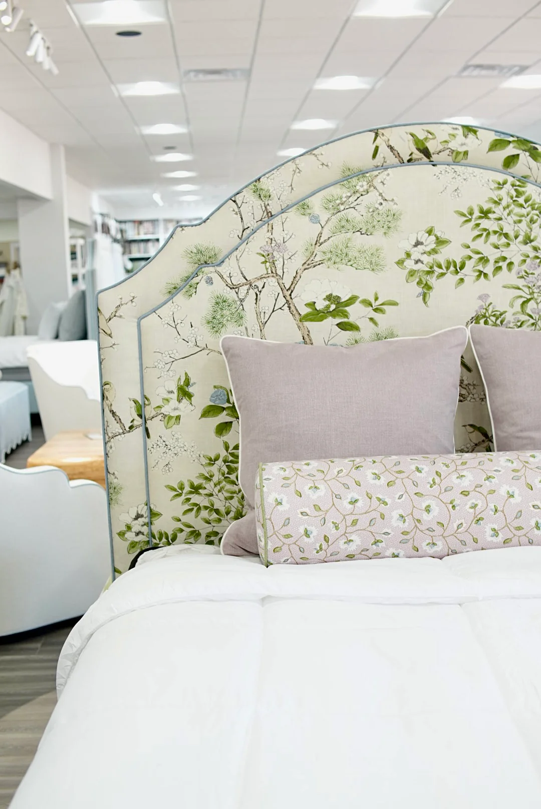 65" H Queen Upholstered Platform Bed - Thibaut Fabric – Cream & Lavender - Scalloped Upholstered Legs - Image 2