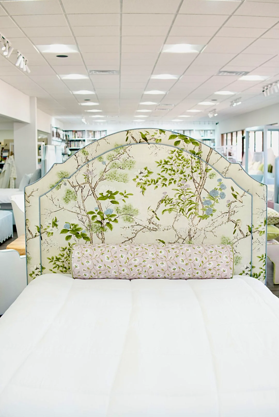 65" H Queen Upholstered Platform Bed - Thibaut Fabric – Cream & Lavender - Scalloped Upholstered Legs - Image 6