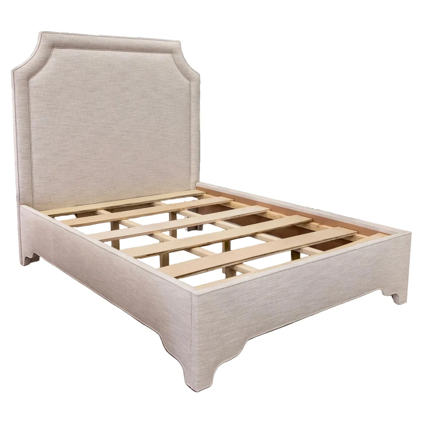 65āH Queen Upholstered Platform Bed - Scalloped Legs - Performance Neutral Fabric - Self Welted