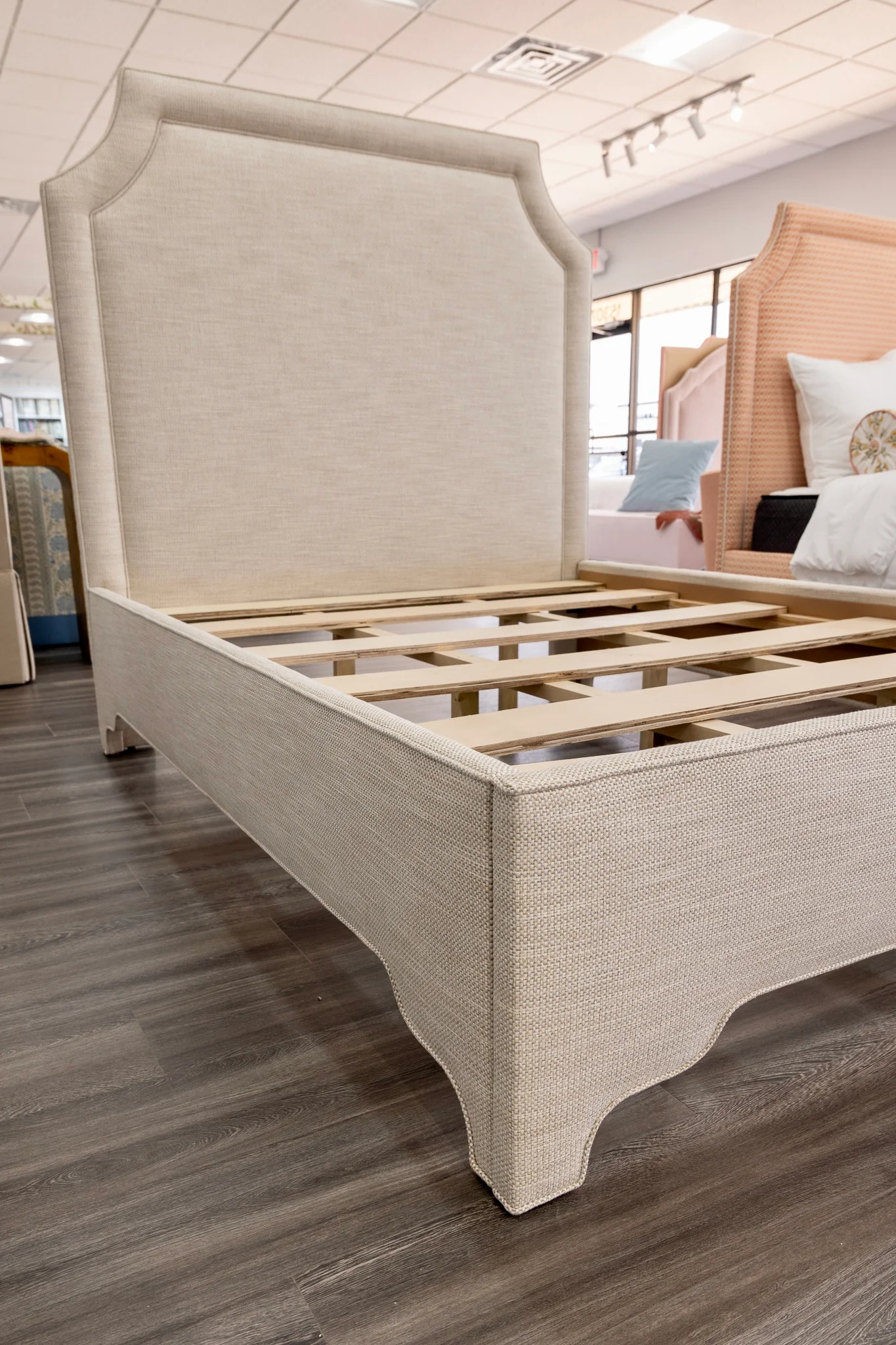 65āH Queen Upholstered Platform Bed - Scalloped Legs - Performance Neutral Fabric - Self Welted - Image 5
