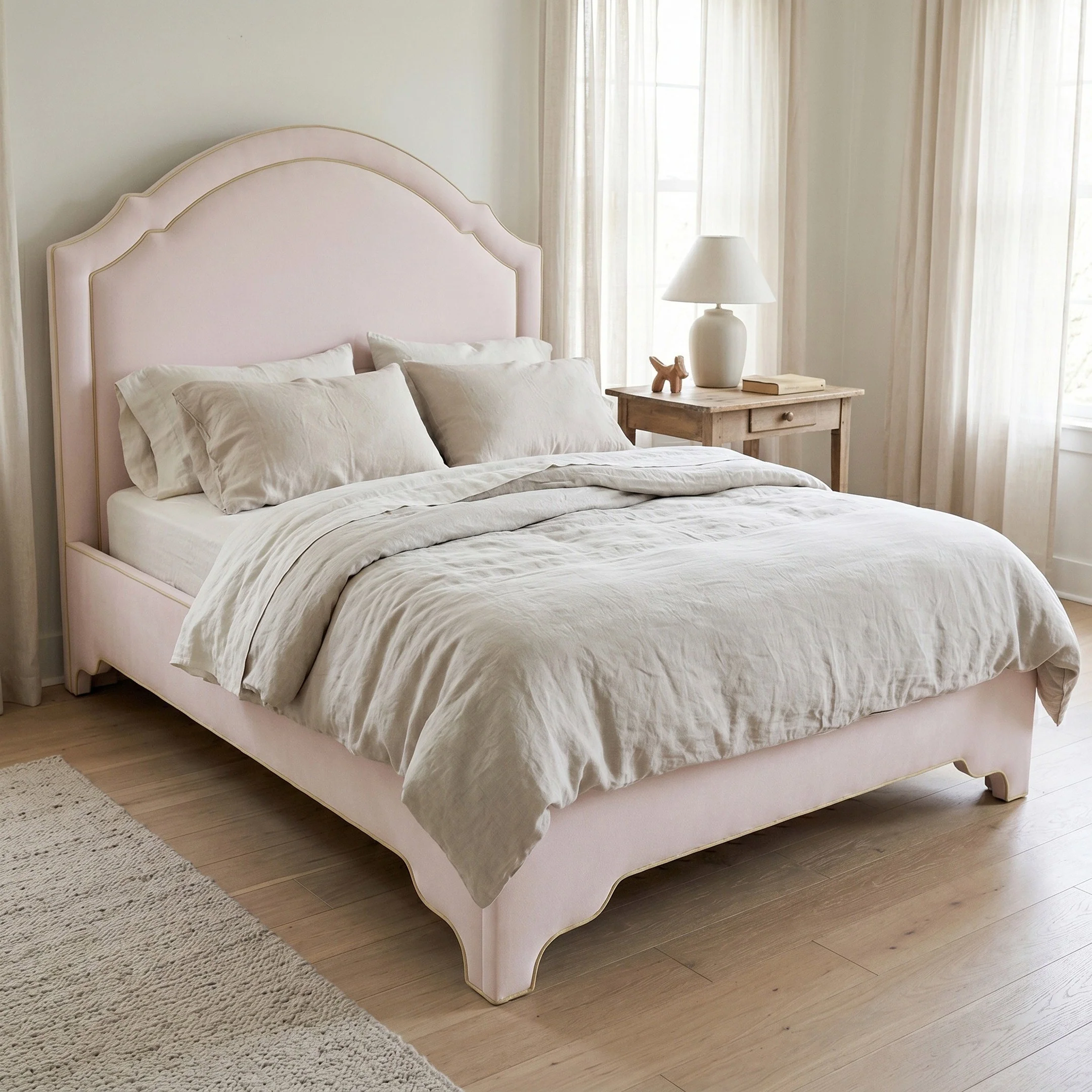 65”H Queen Upholstered Platform Bed - Upholstered Legs - Powder Pink fabric with Green Trim - Image 2