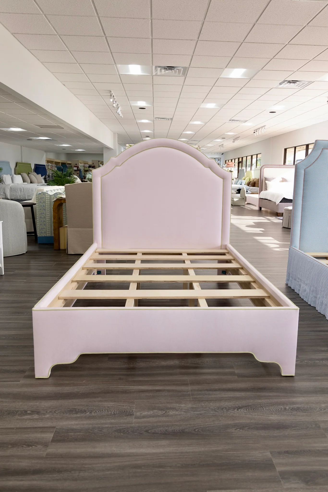 65”H Queen Upholstered Platform Bed - Upholstered Legs - Powder Pink fabric with Green Trim - Image 8