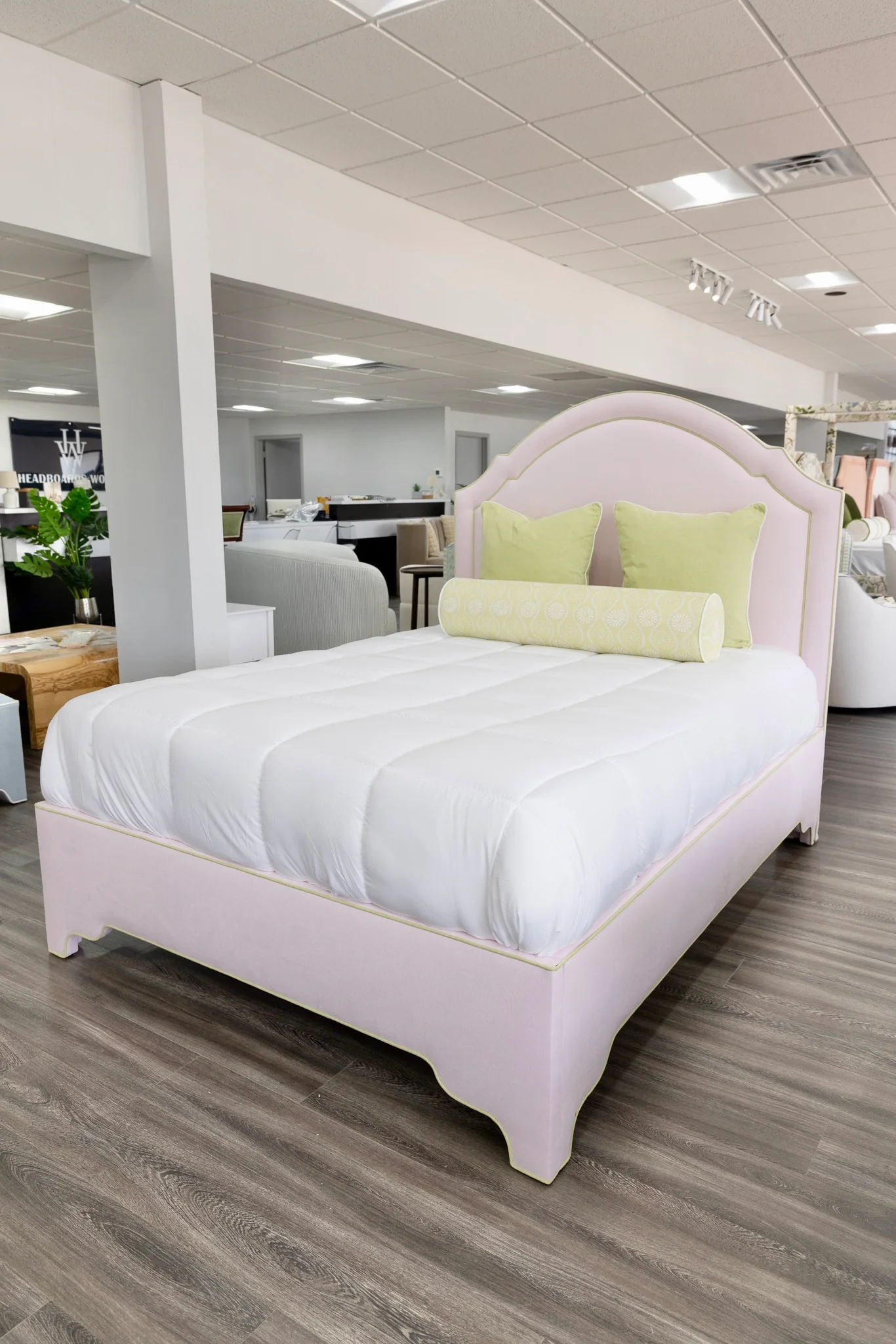 65”H Queen Upholstered Platform Bed - Upholstered Legs - Powder Pink fabric with Green Trim - Image 9