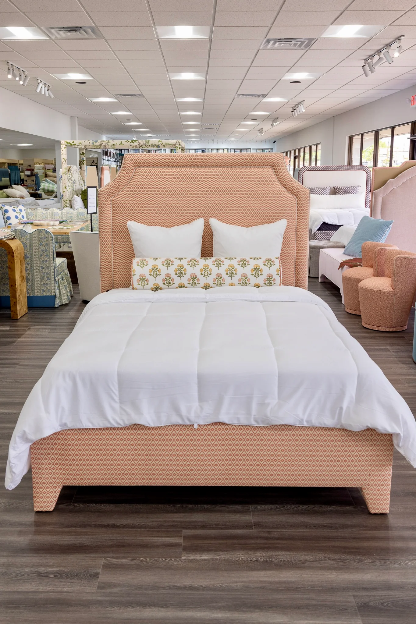 65āH Queen Upholstered Platform Bed - Upholstered Legs - Rust Fabric with White Trim - Image 2