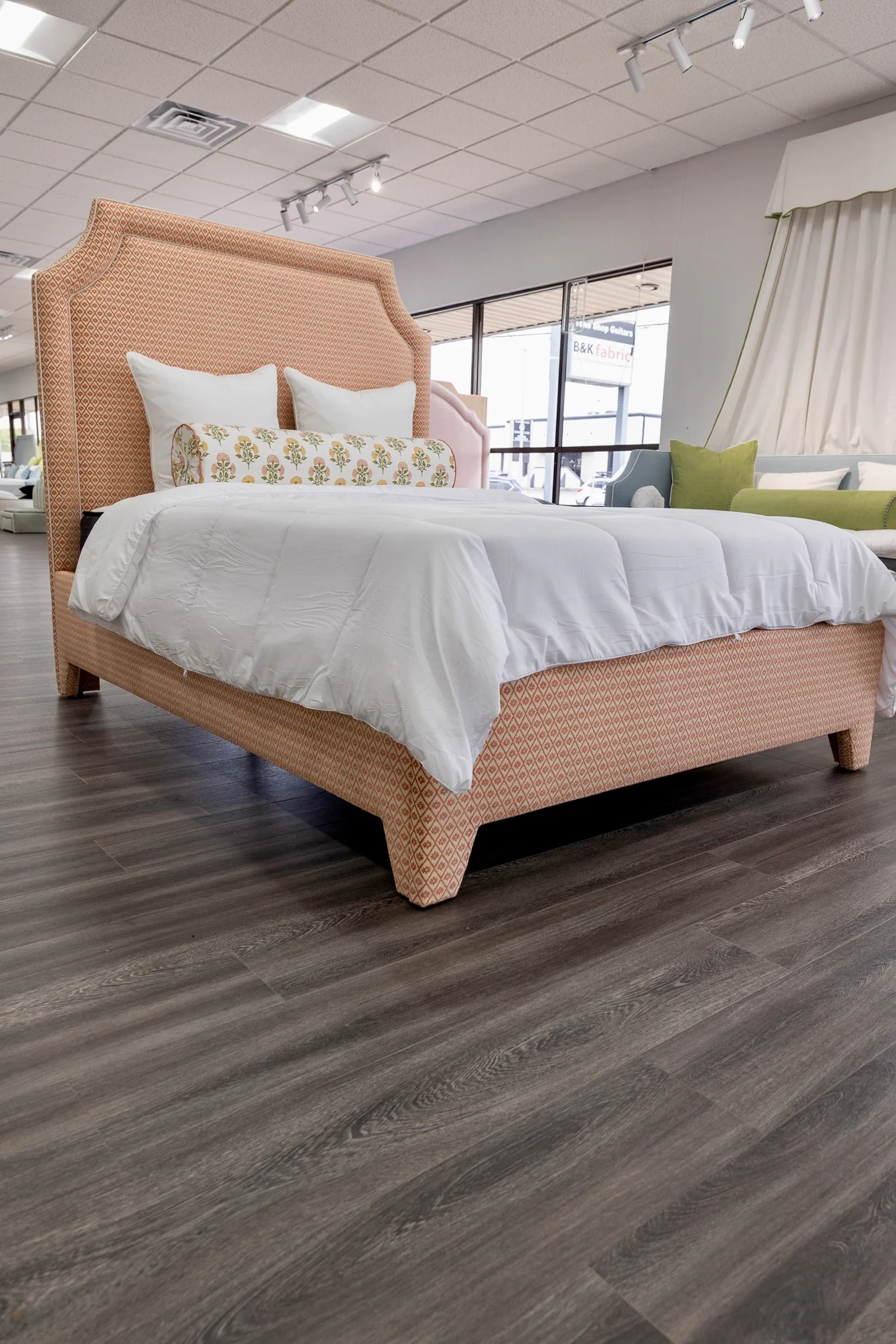 65āH Queen Upholstered Platform Bed - Upholstered Legs - Rust Fabric with White Trim - Image 5